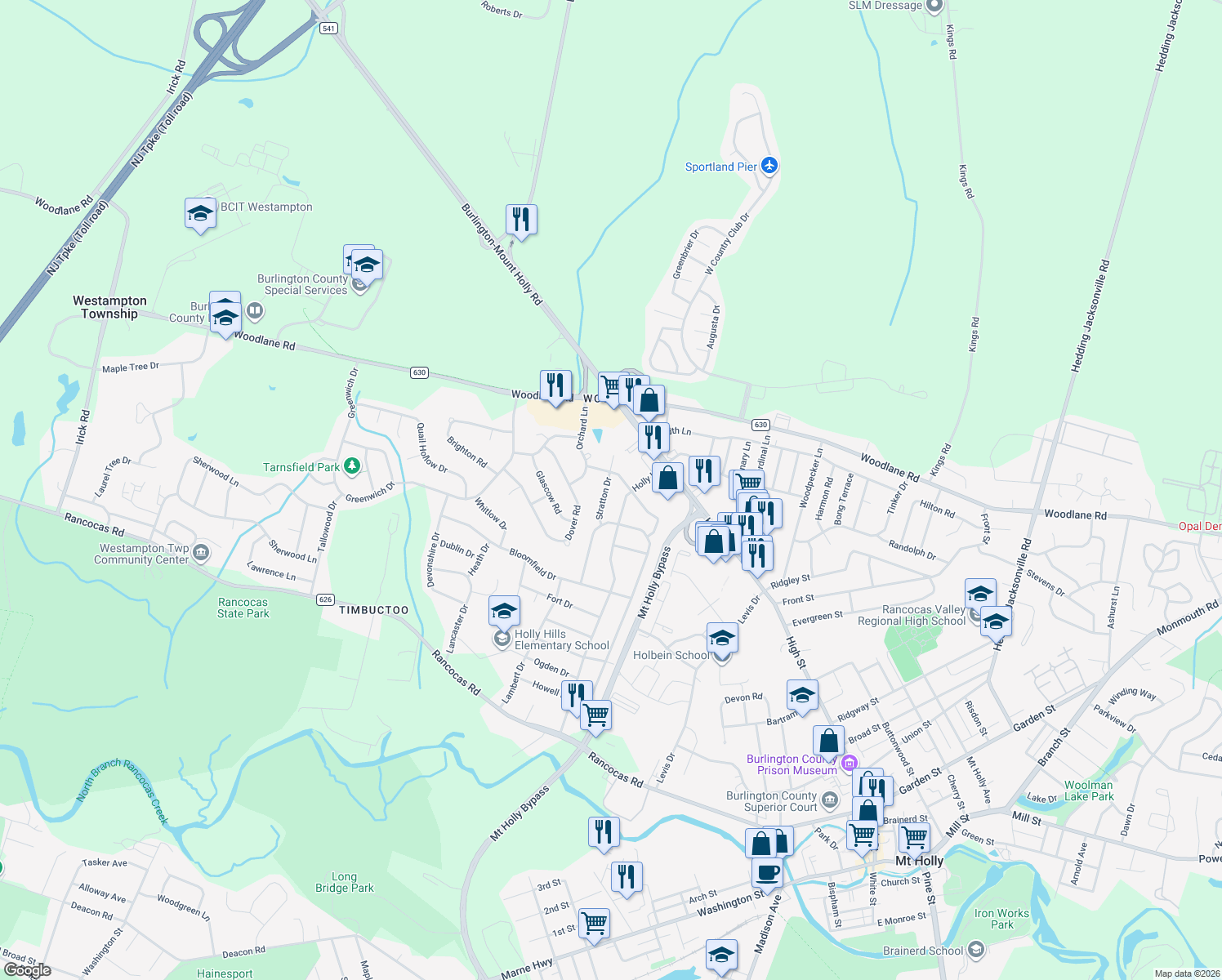 map of restaurants, bars, coffee shops, grocery stores, and more near 111 Stratton Drive in Westampton