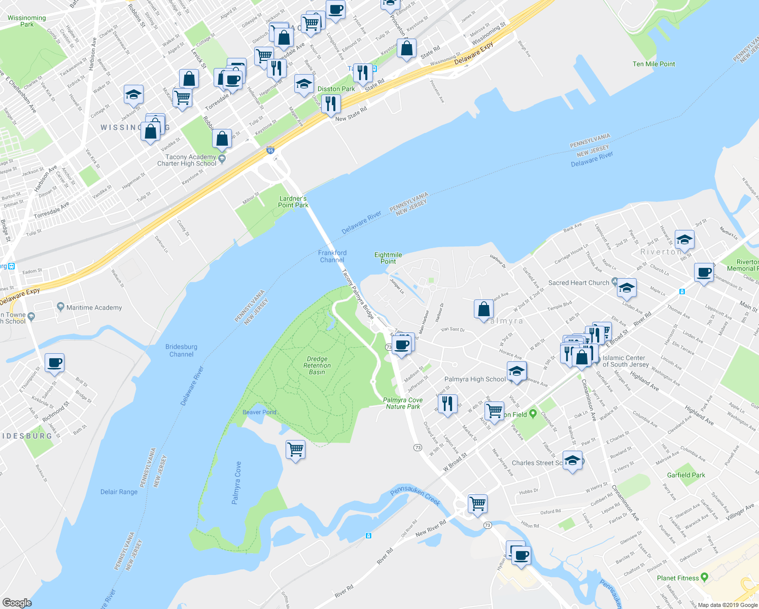 map of restaurants, bars, coffee shops, grocery stores, and more near 9405 Wrensong Court in Palmyra