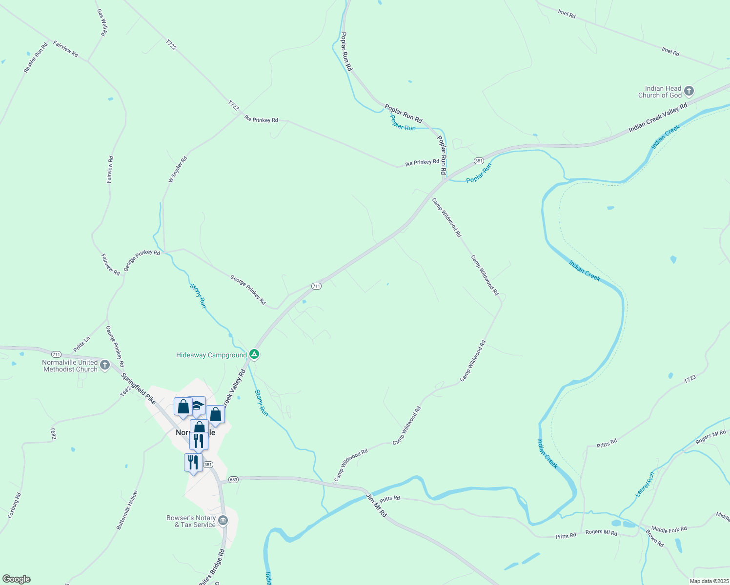 map of restaurants, bars, coffee shops, grocery stores, and more near 121 Peach Street in Normalville