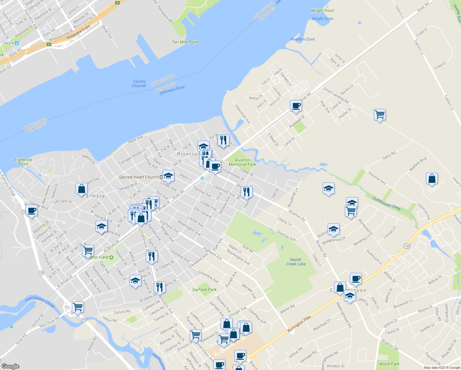 map of restaurants, bars, coffee shops, grocery stores, and more near 706 Main Street in Riverton