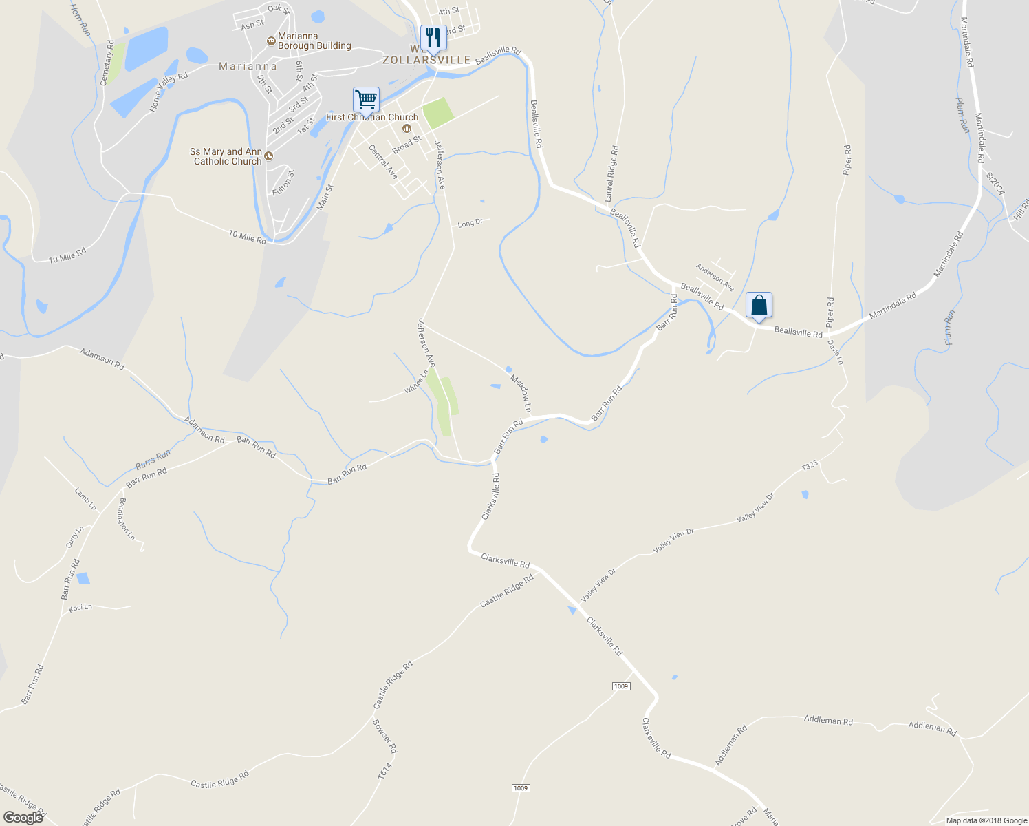 map of restaurants, bars, coffee shops, grocery stores, and more near 1093 Barr Run Road in Marianna