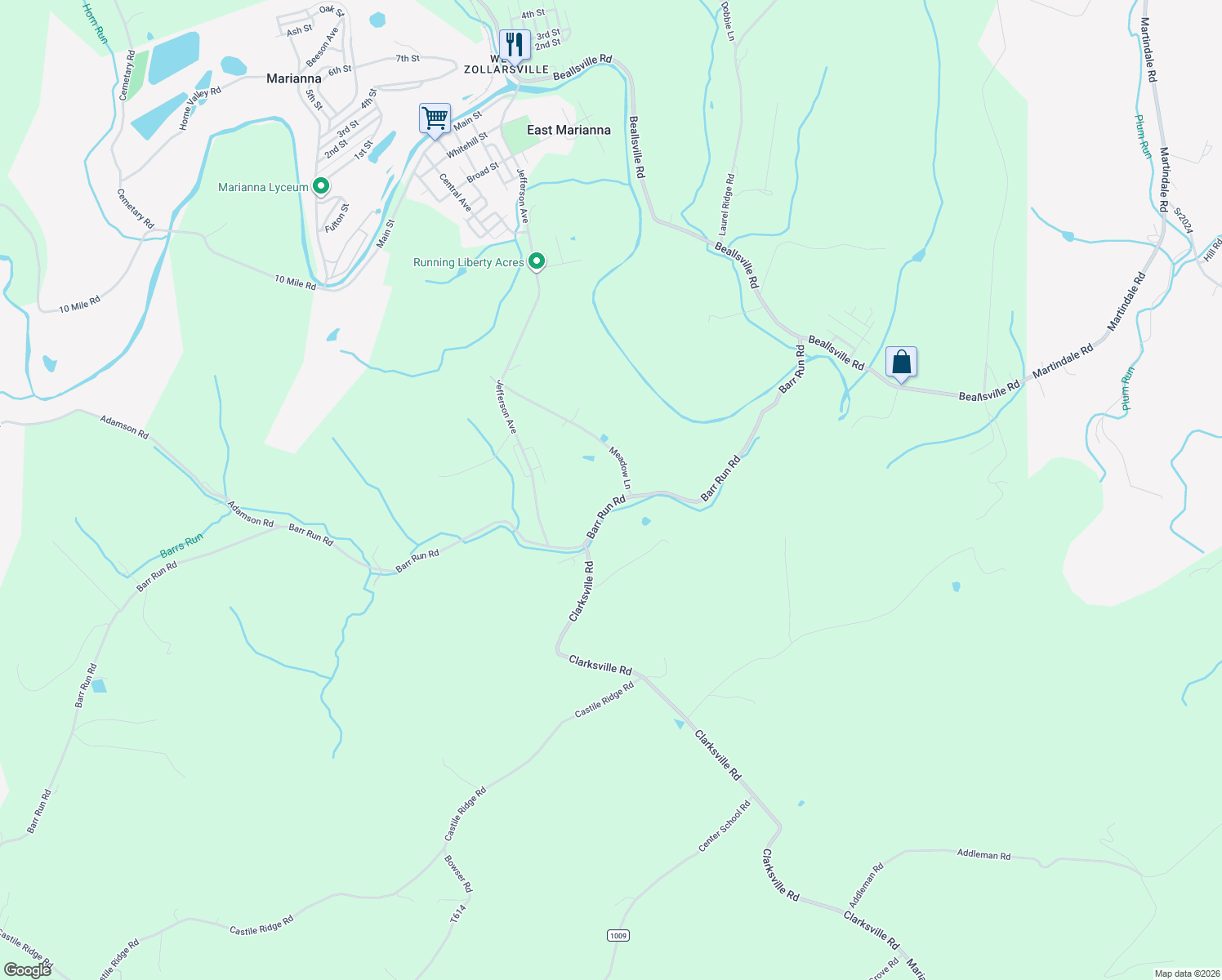 map of restaurants, bars, coffee shops, grocery stores, and more near 1093 Barr Run Road in Marianna