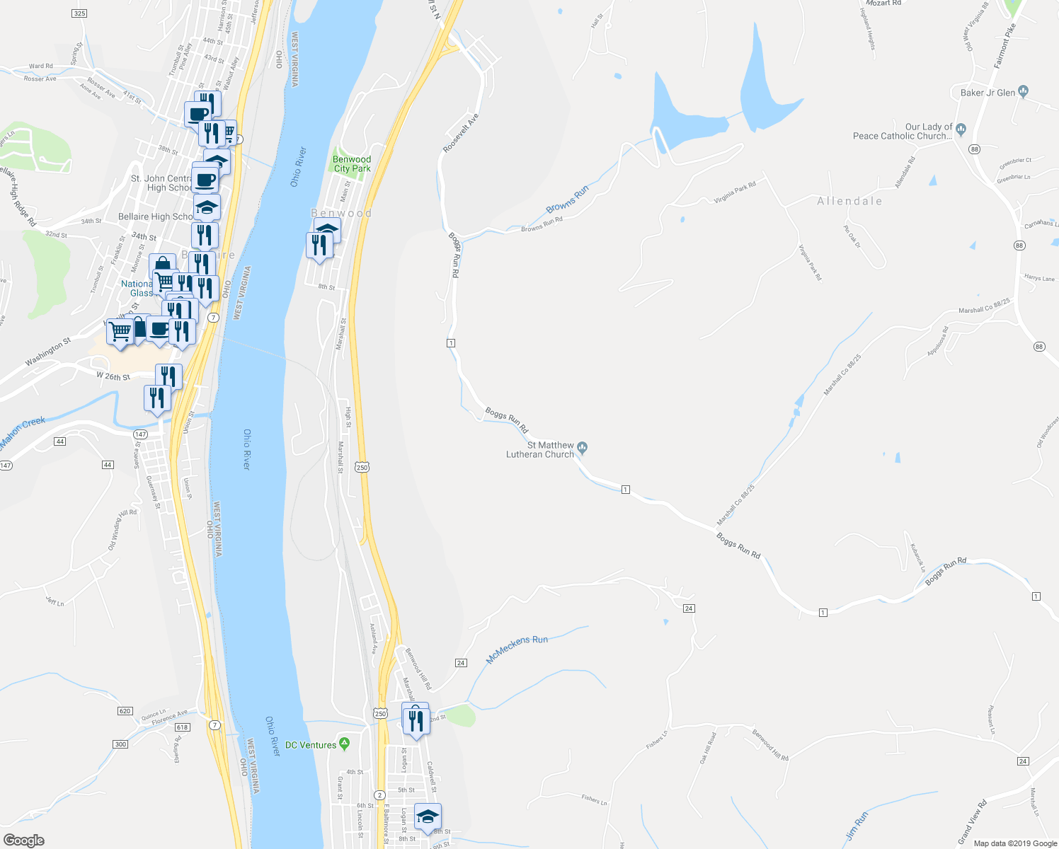 map of restaurants, bars, coffee shops, grocery stores, and more near 1778 Boggs Run Road in Benwood