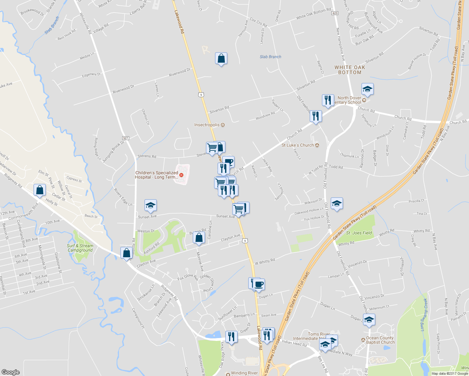 map of restaurants, bars, coffee shops, grocery stores, and more near 1603 U.S. 9 in Toms River