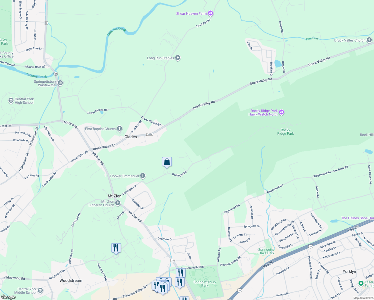 map of restaurants, bars, coffee shops, grocery stores, and more near 2231 Tall Oaks Lane in York