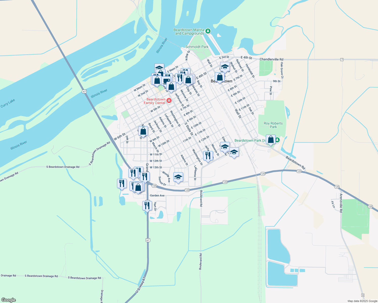 map of restaurants, bars, coffee shops, grocery stores, and more near 1209 Lafayette Street in Beardstown