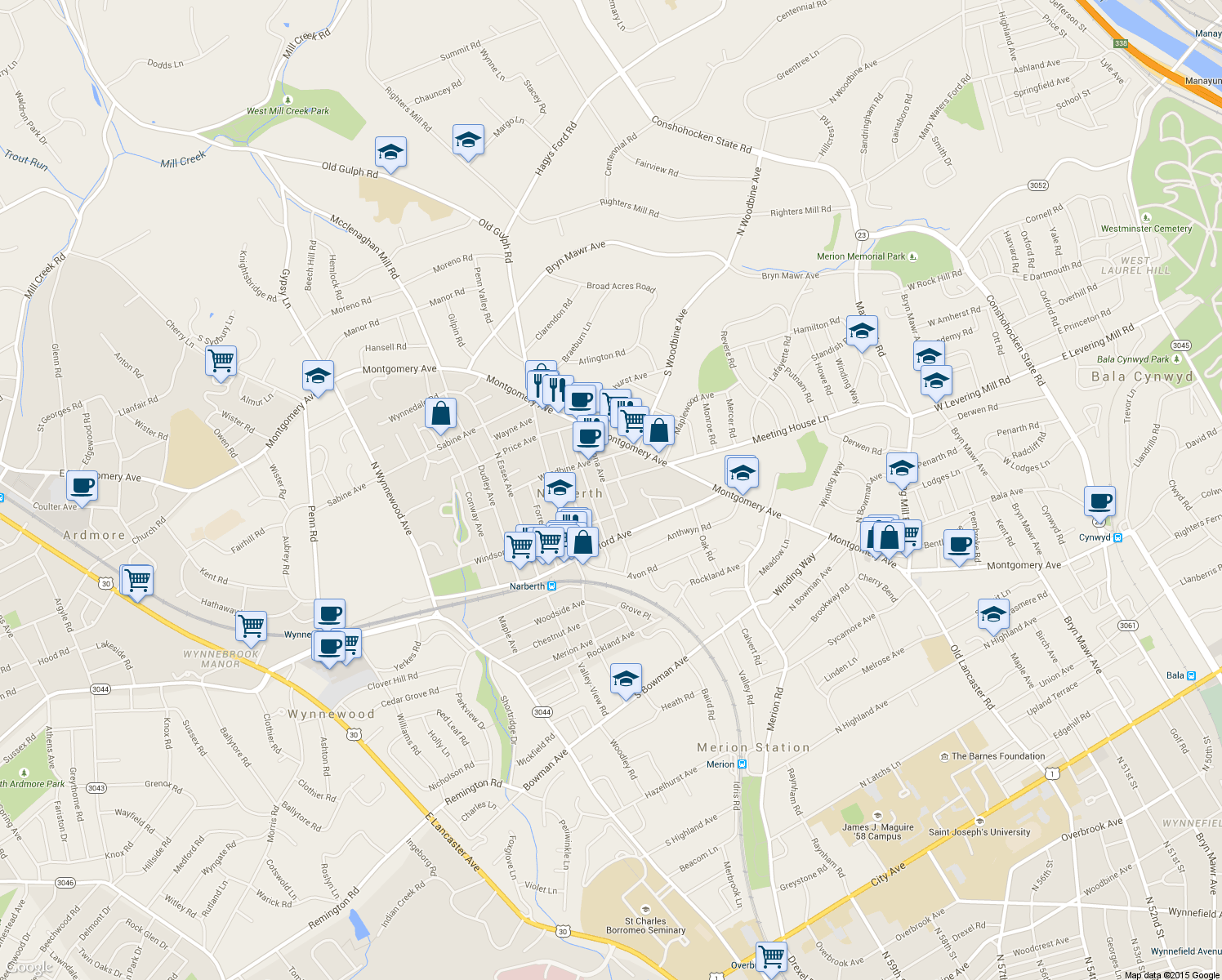 map of restaurants, bars, coffee shops, grocery stores, and more near 225 Iona Avenue in Narberth