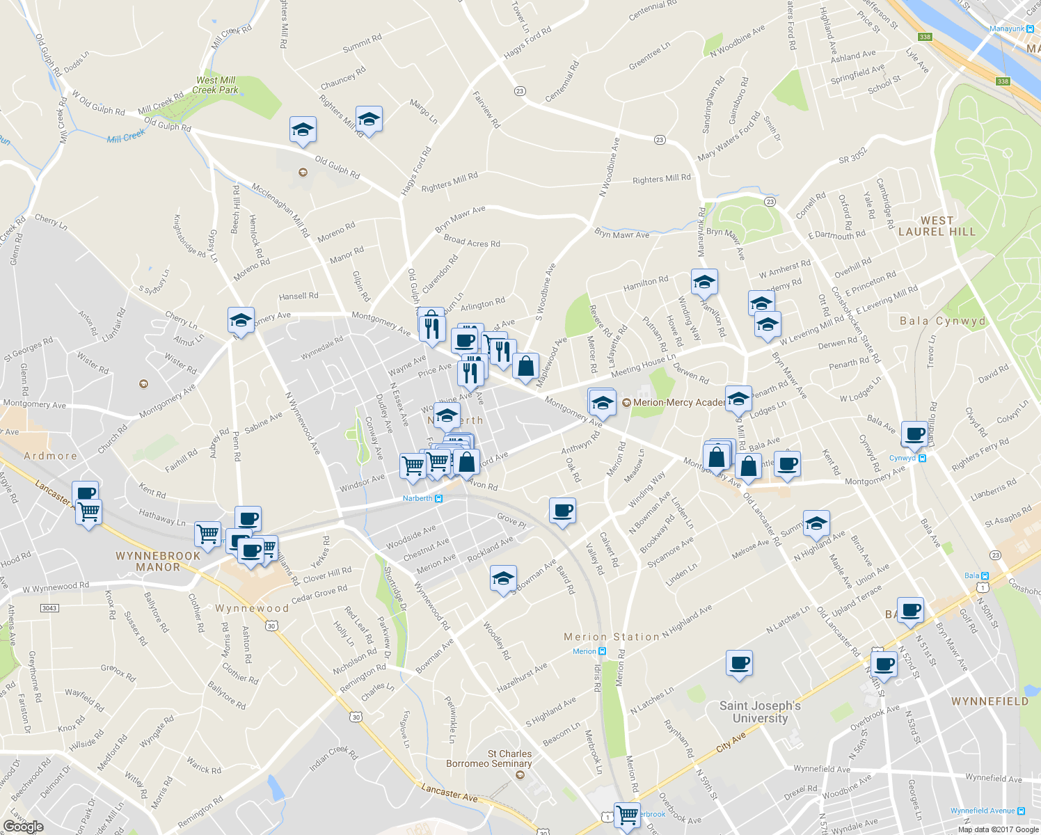 map of restaurants, bars, coffee shops, grocery stores, and more near 1 Shirley Circle in Narberth