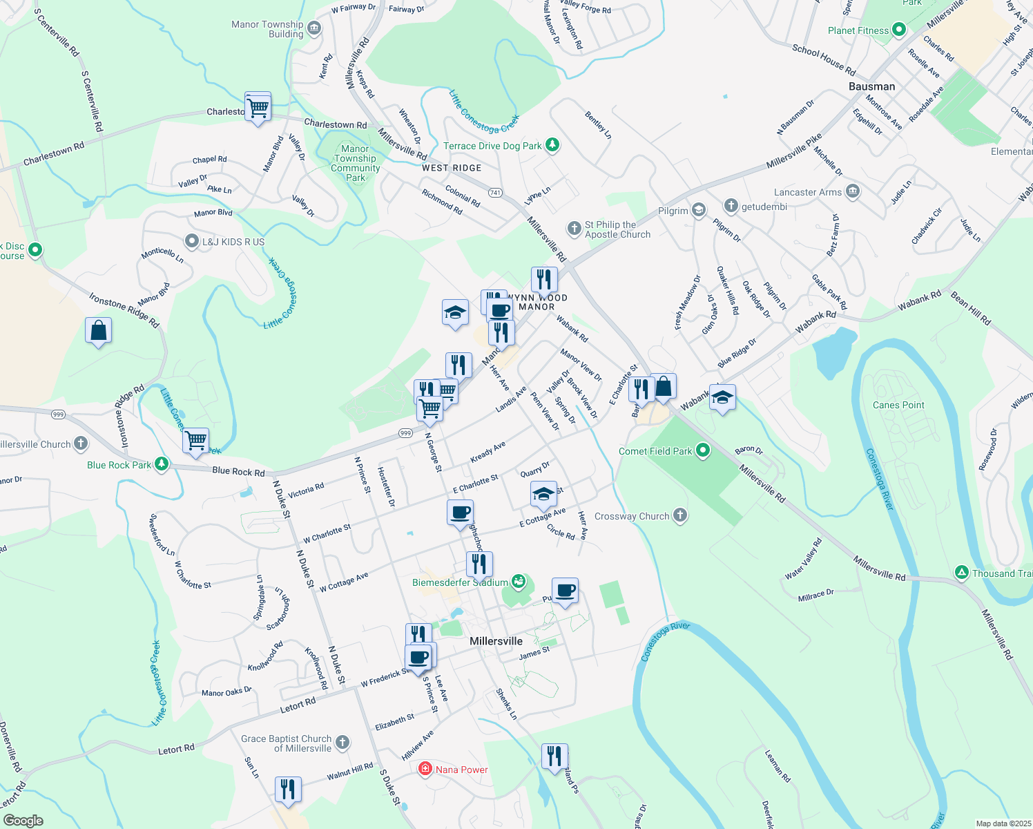 map of restaurants, bars, coffee shops, grocery stores, and more near 415 Herr Avenue in Millersville