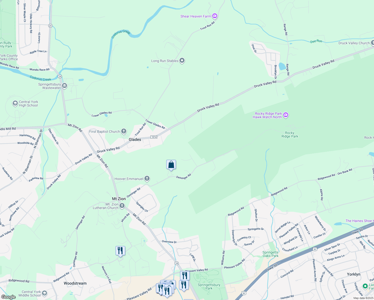 map of restaurants, bars, coffee shops, grocery stores, and more near 2241 Tall Oaks Lane in York