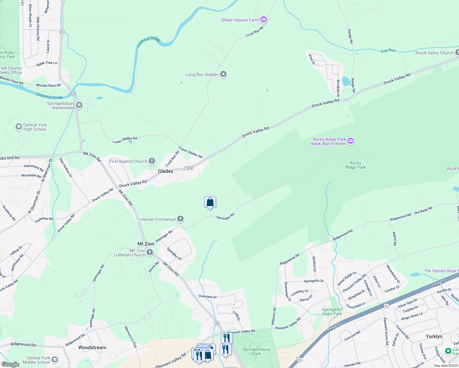 map of restaurants, bars, coffee shops, grocery stores, and more near 2241 Tall Oaks Lane in York