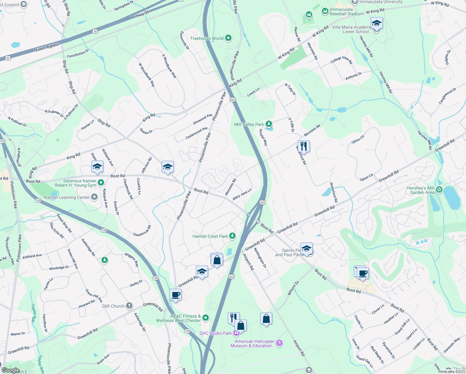 map of restaurants, bars, coffee shops, grocery stores, and more near 1308 Morstein Rd in West Chester