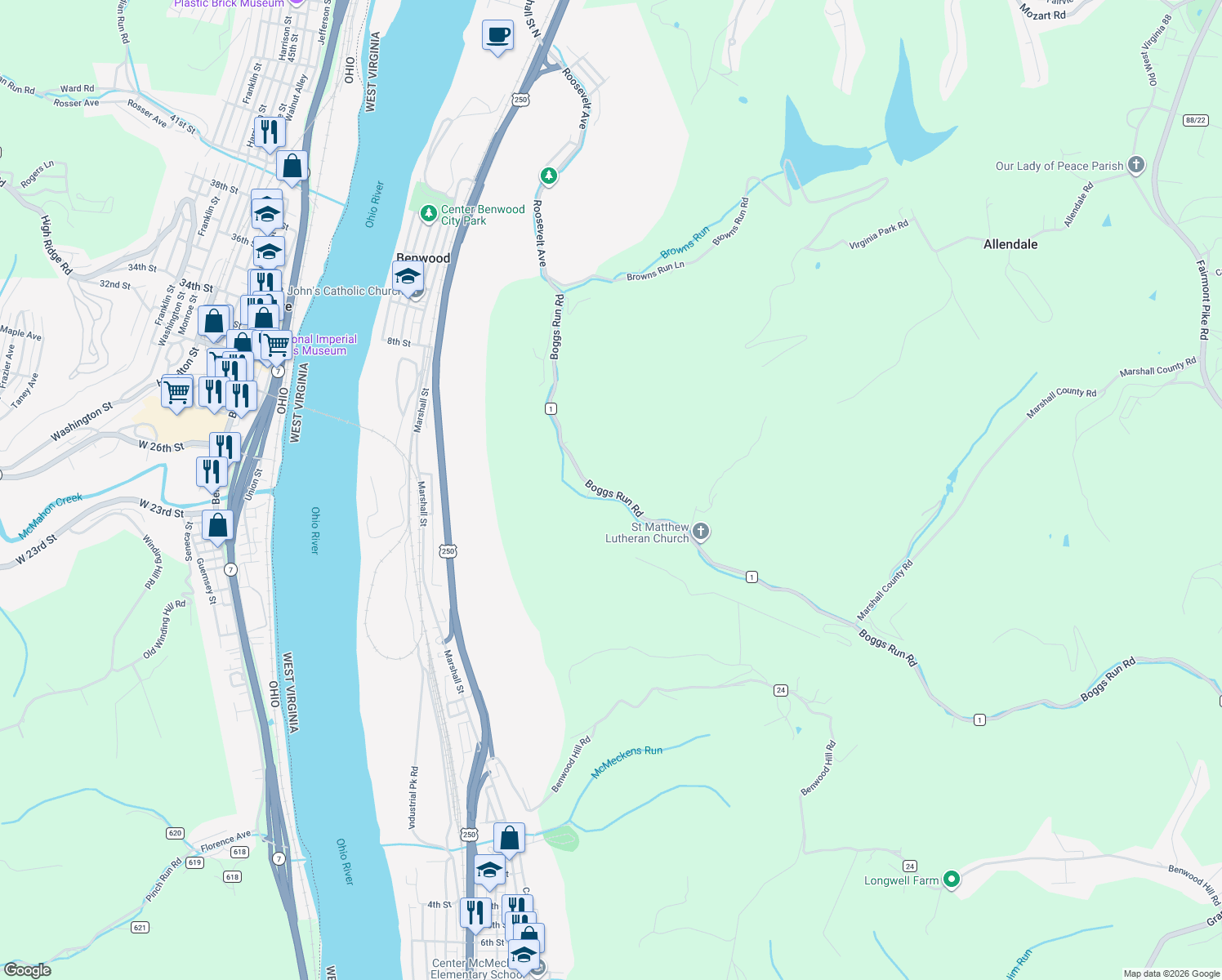 map of restaurants, bars, coffee shops, grocery stores, and more near in Benwood