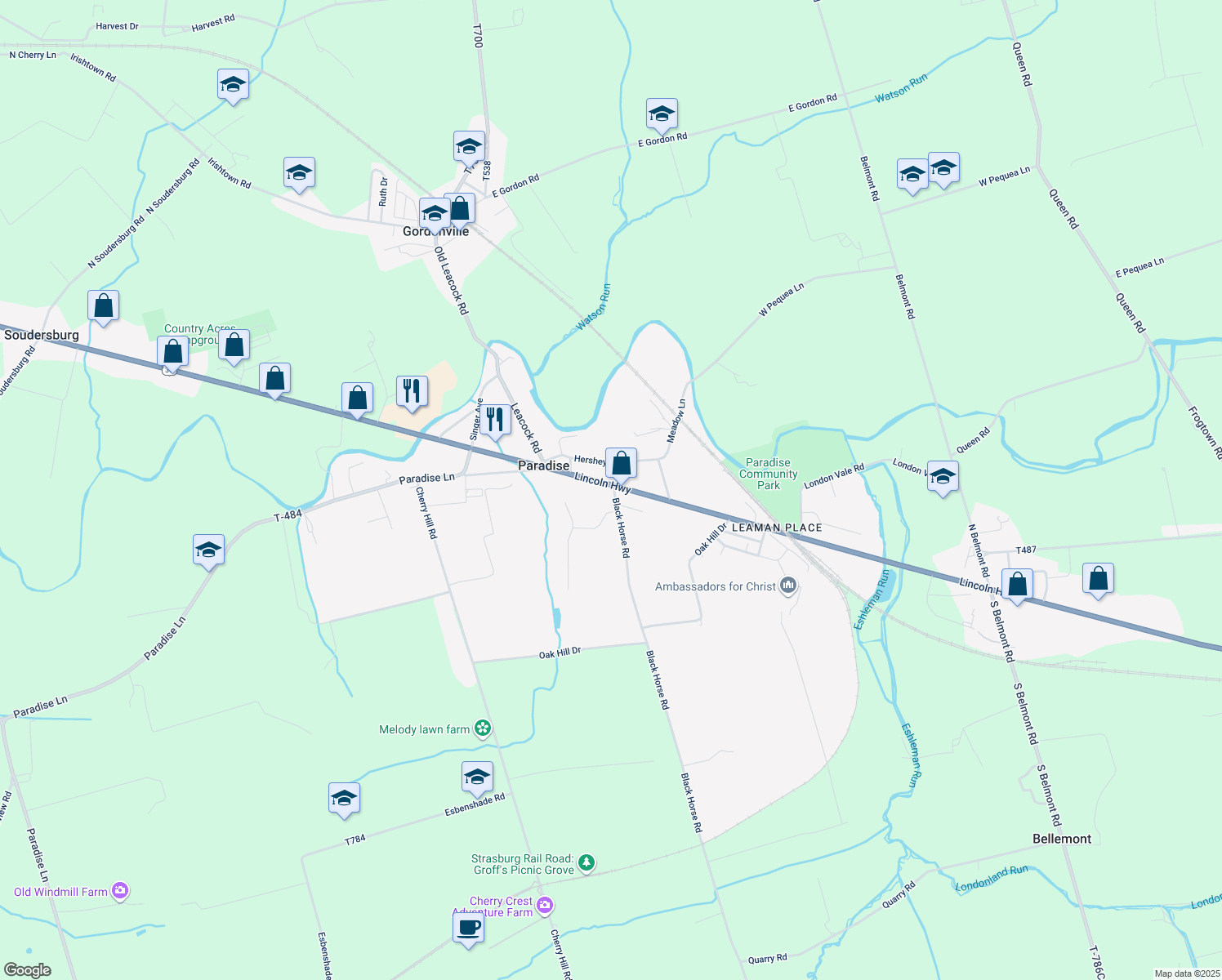 map of restaurants, bars, coffee shops, grocery stores, and more near 3156 Lincoln Highway East in Paradise