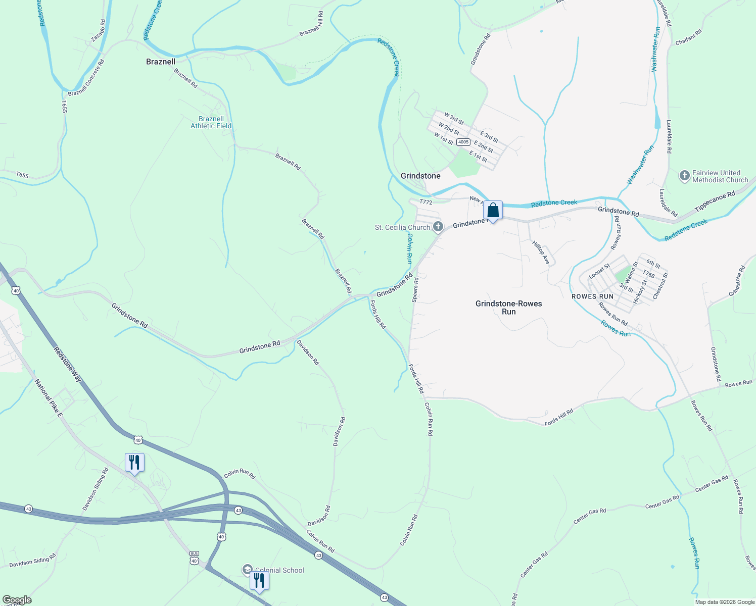 map of restaurants, bars, coffee shops, grocery stores, and more near 1492 Grindstone Road in Grindstone