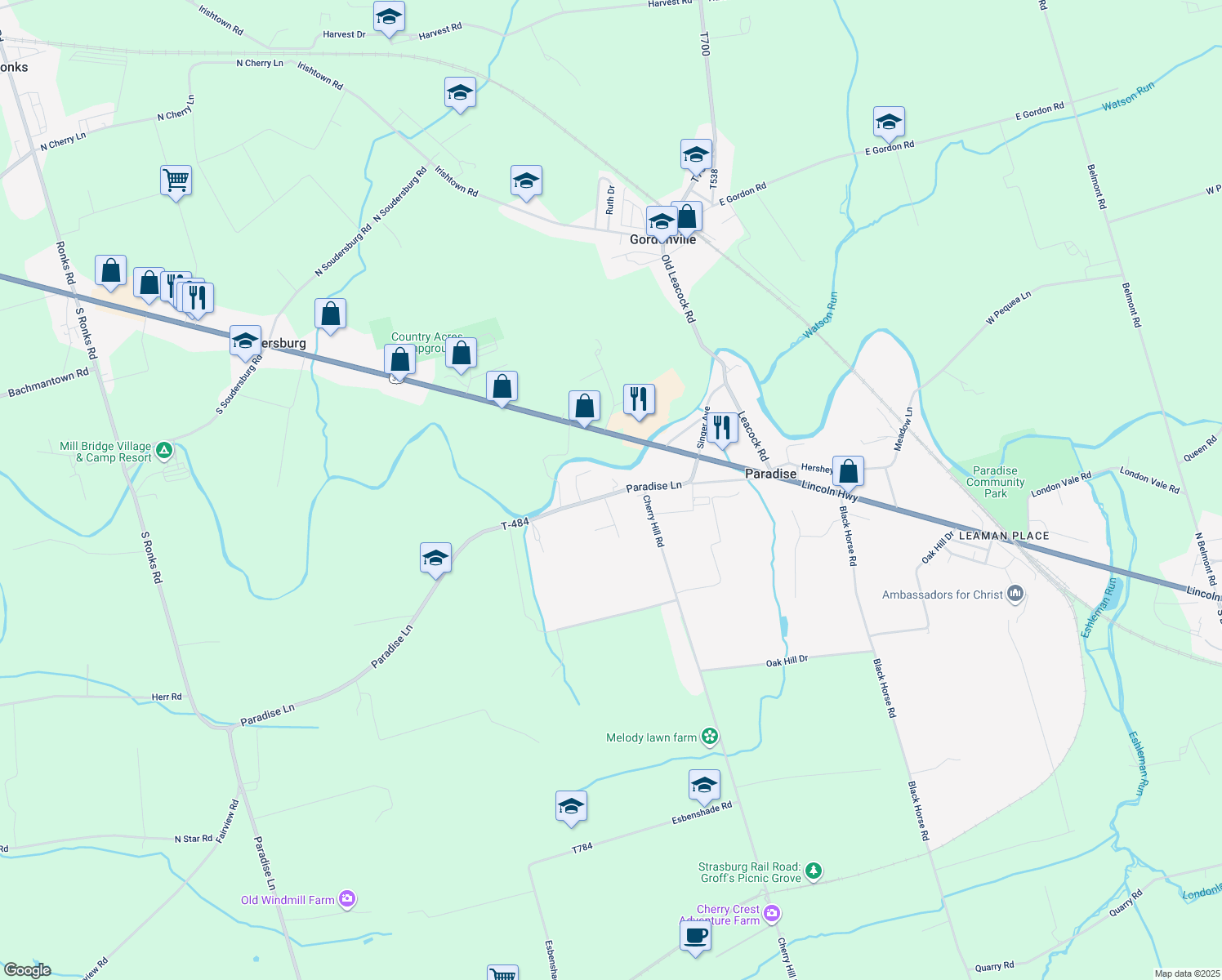 map of restaurants, bars, coffee shops, grocery stores, and more near 63 Paradise Lane in Paradise