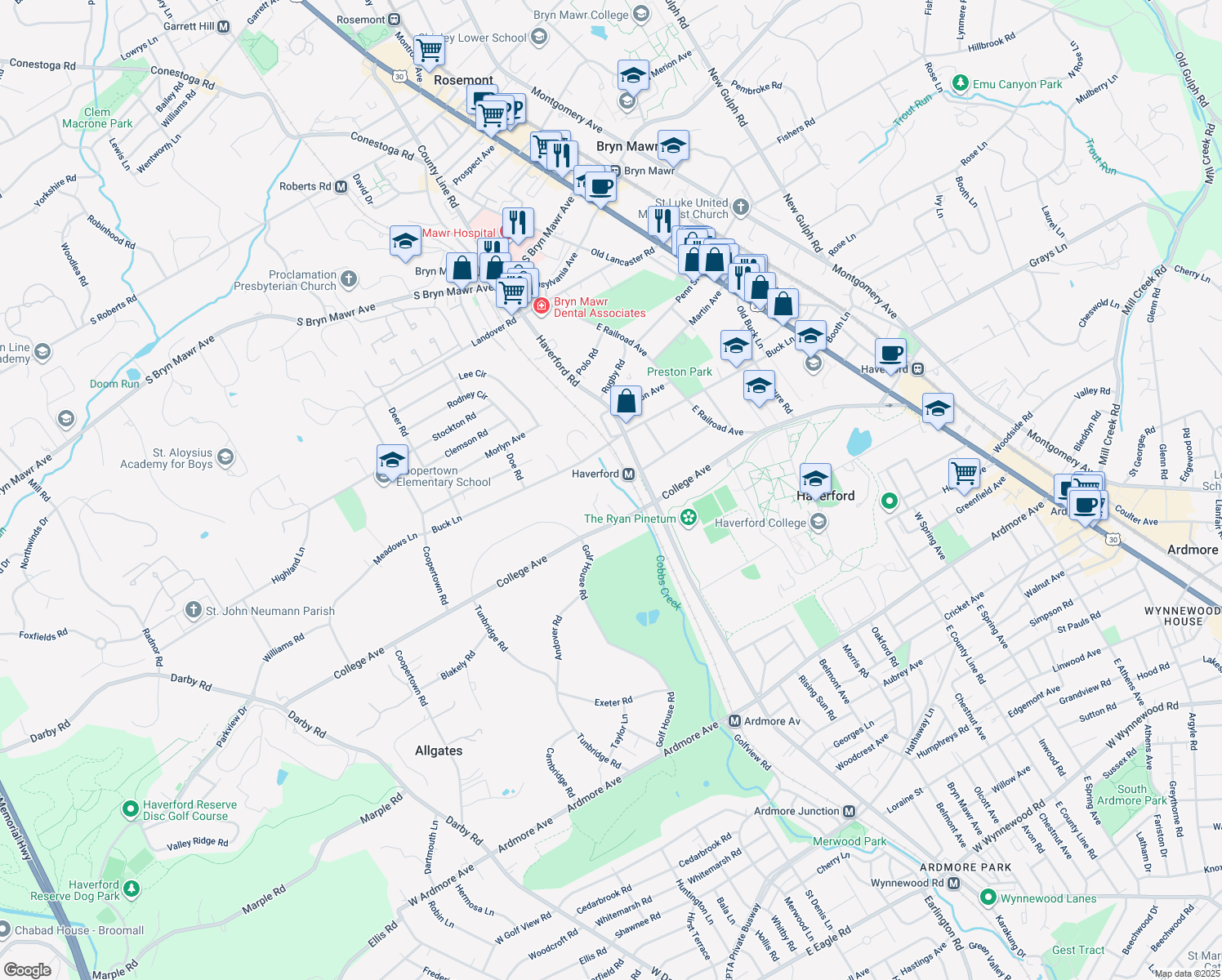 map of restaurants, bars, coffee shops, grocery stores, and more near 7 Spring Mill Lane in Haverford