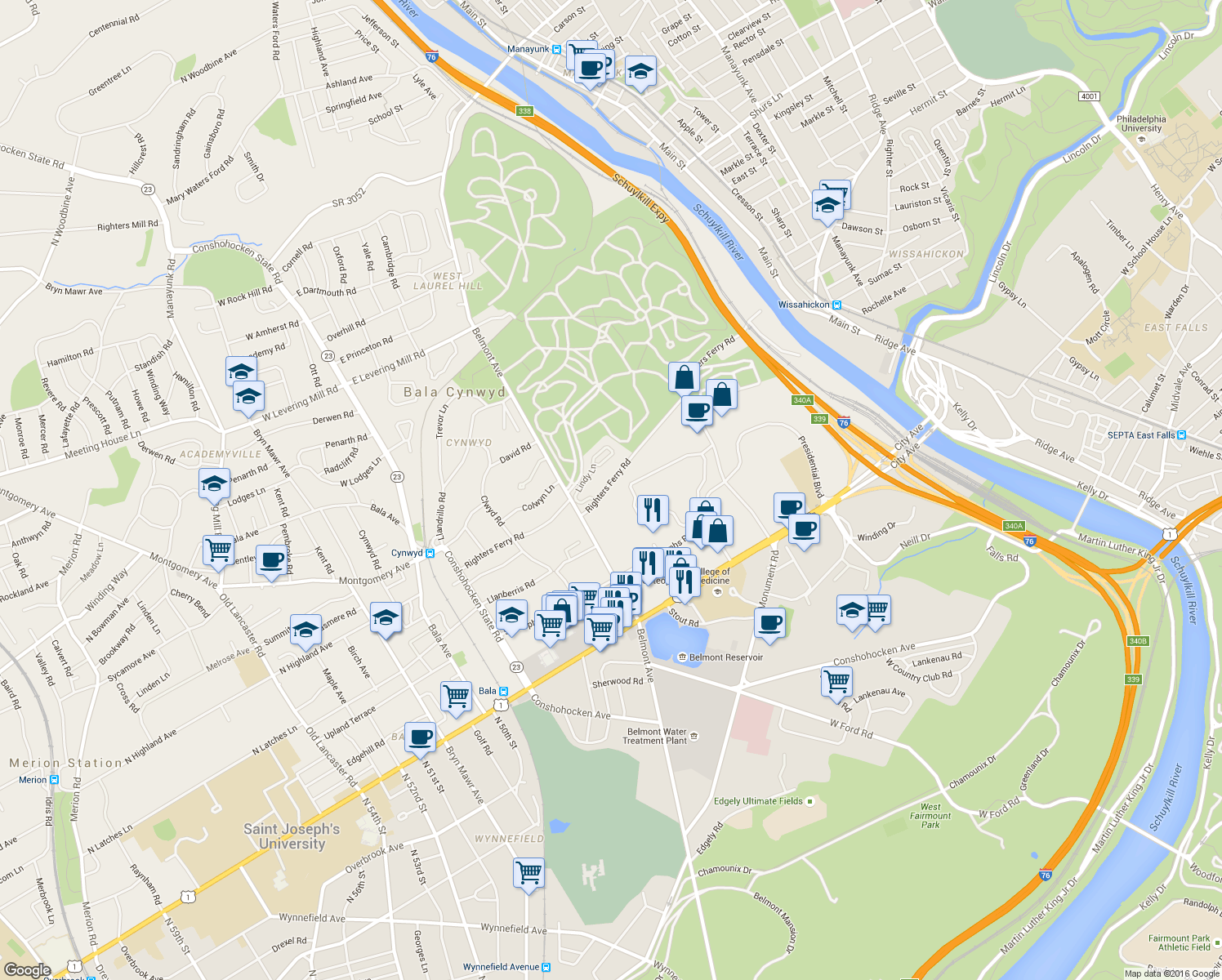map of restaurants, bars, coffee shops, grocery stores, and more near 247 Righters Ferry Road in Bala Cynwyd