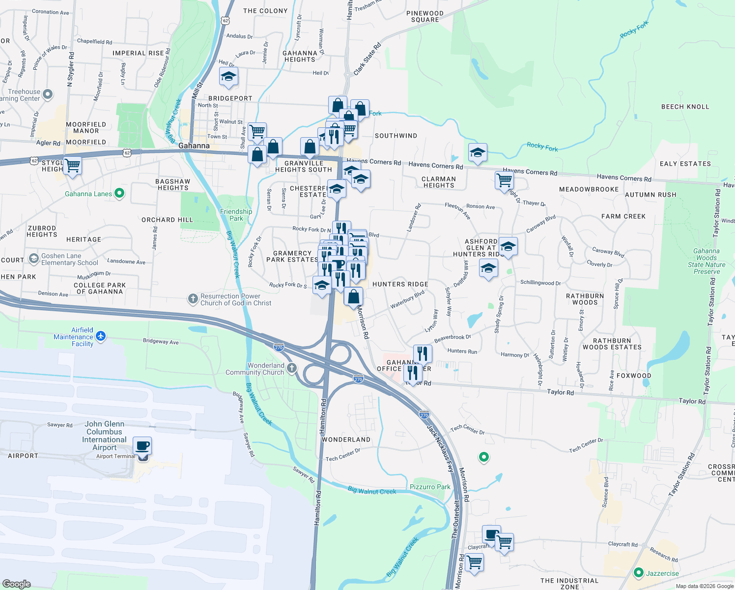 map of restaurants, bars, coffee shops, grocery stores, and more near 384 Morrison Road in Gahanna