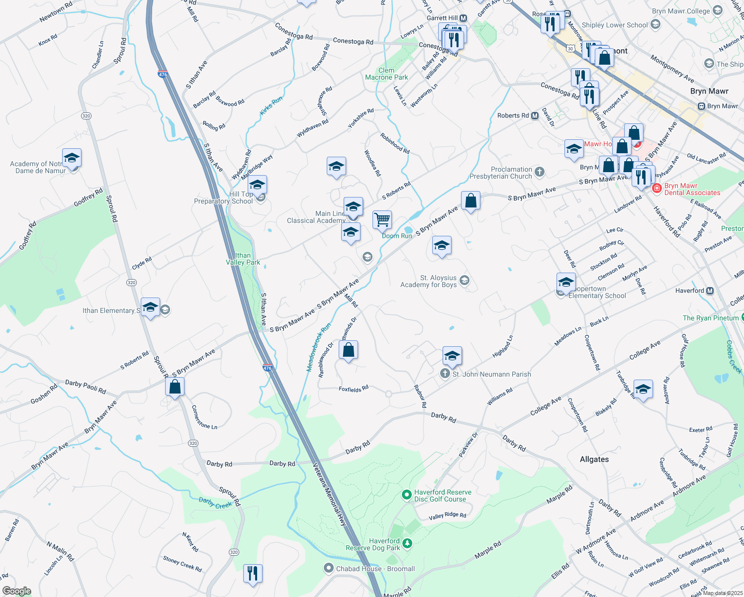 map of restaurants, bars, coffee shops, grocery stores, and more near 109 Laurier Place in Bryn Mawr