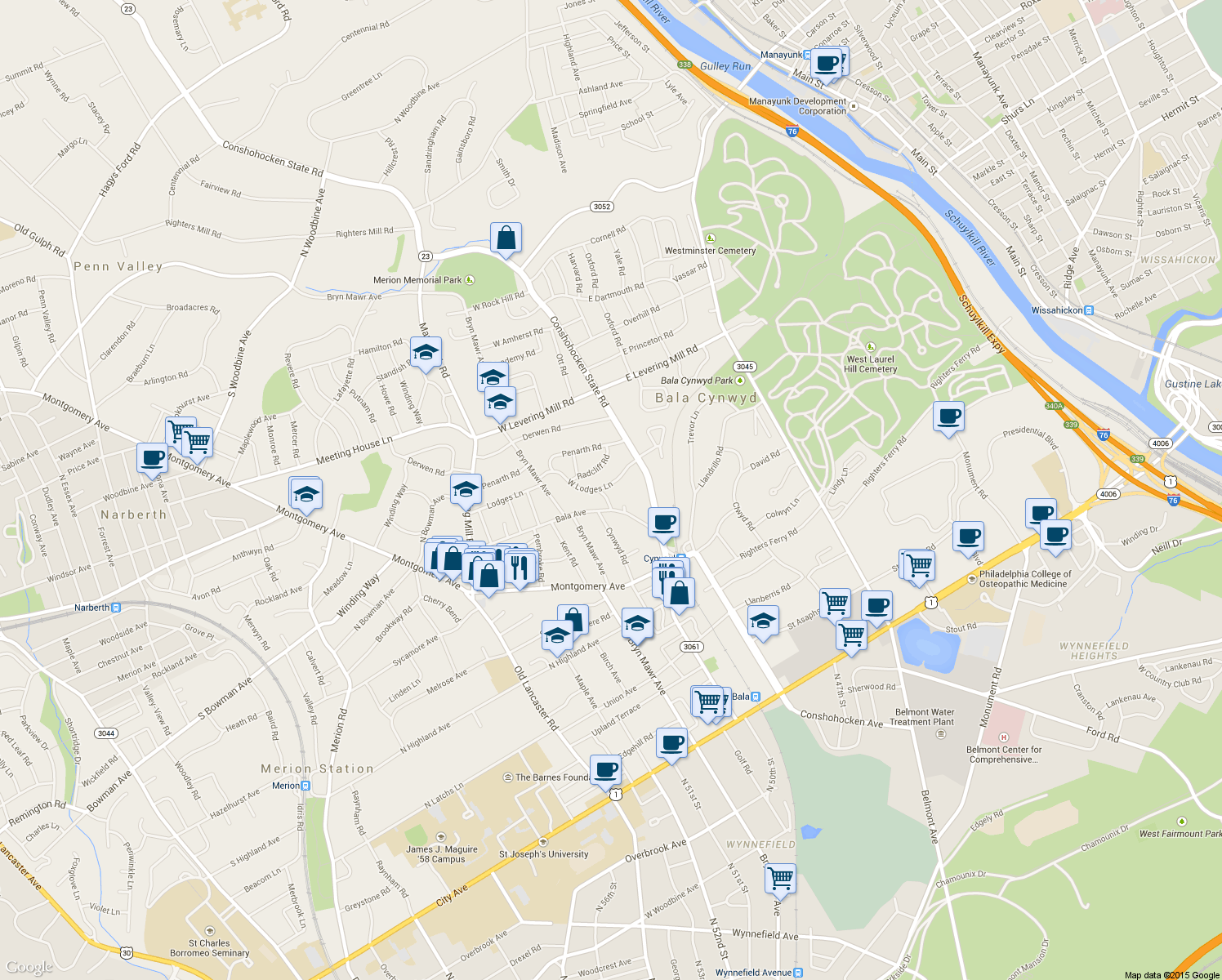 map of restaurants, bars, coffee shops, grocery stores, and more near 22 West Lodges Lane in Bala Cynwyd
