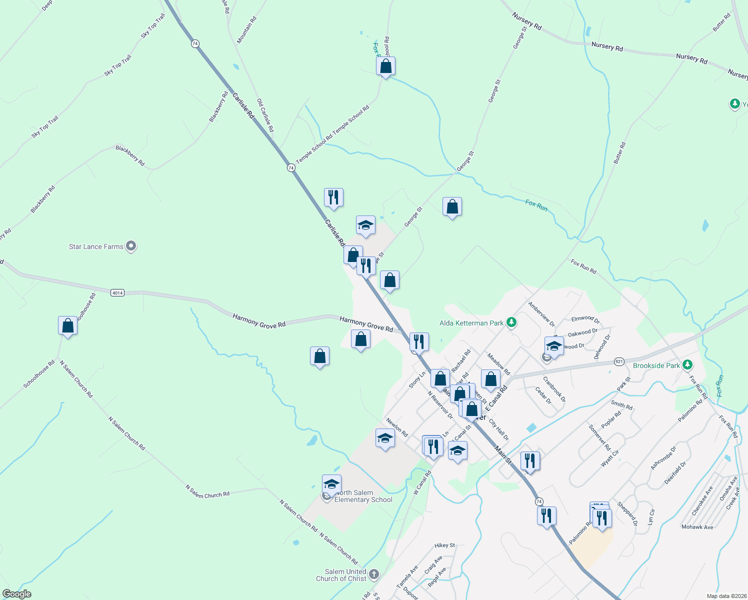 map of restaurants, bars, coffee shops, grocery stores, and more near 4910 Carlisle Road in Dover
