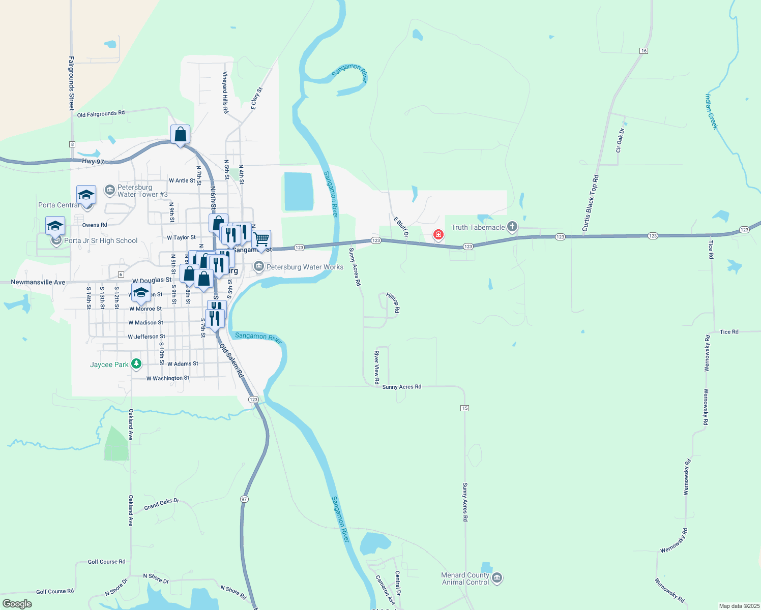 map of restaurants, bars, coffee shops, grocery stores, and more near Hilltop Road in Petersburg