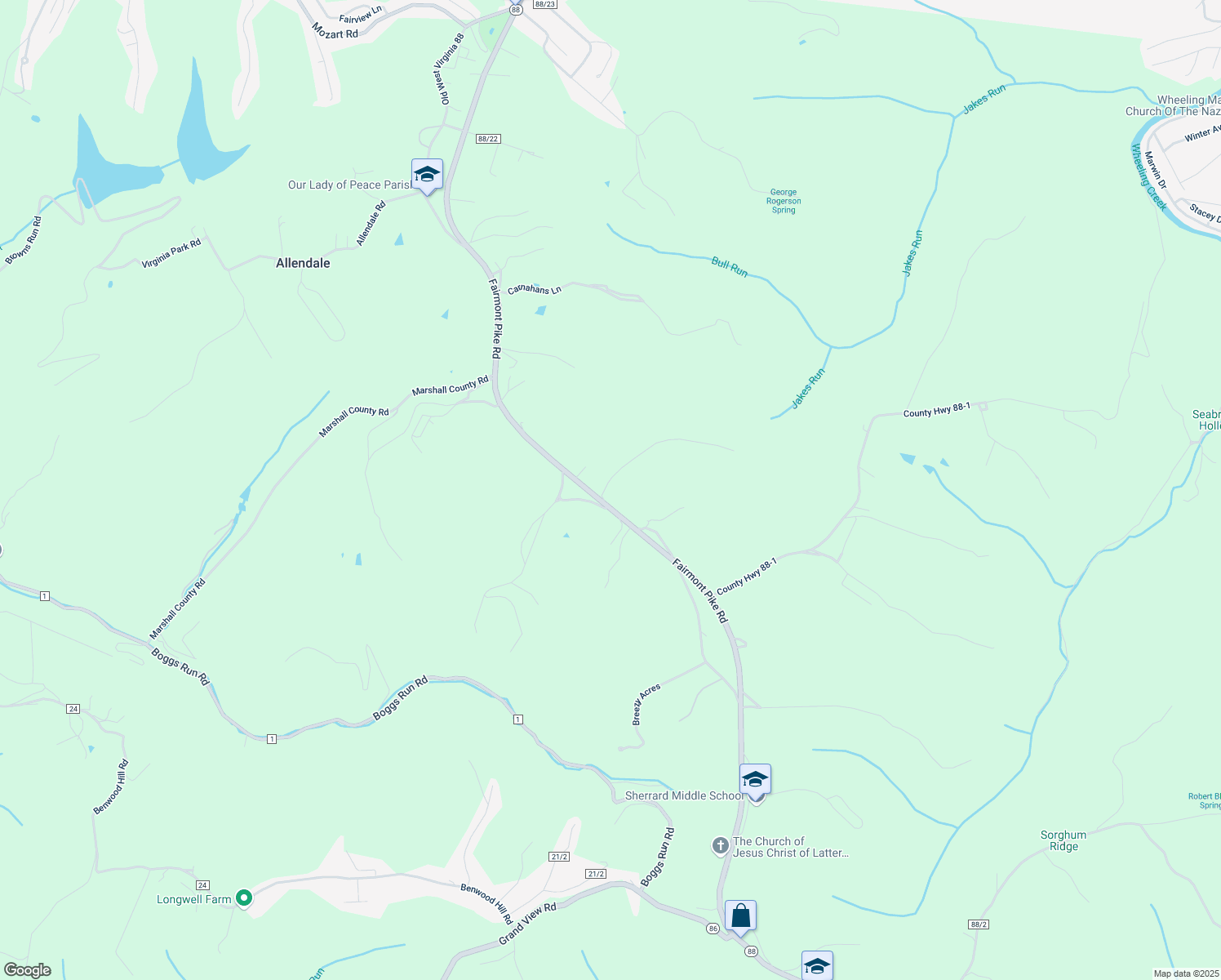 map of restaurants, bars, coffee shops, grocery stores, and more near 7 Mount View Drive in Wheeling