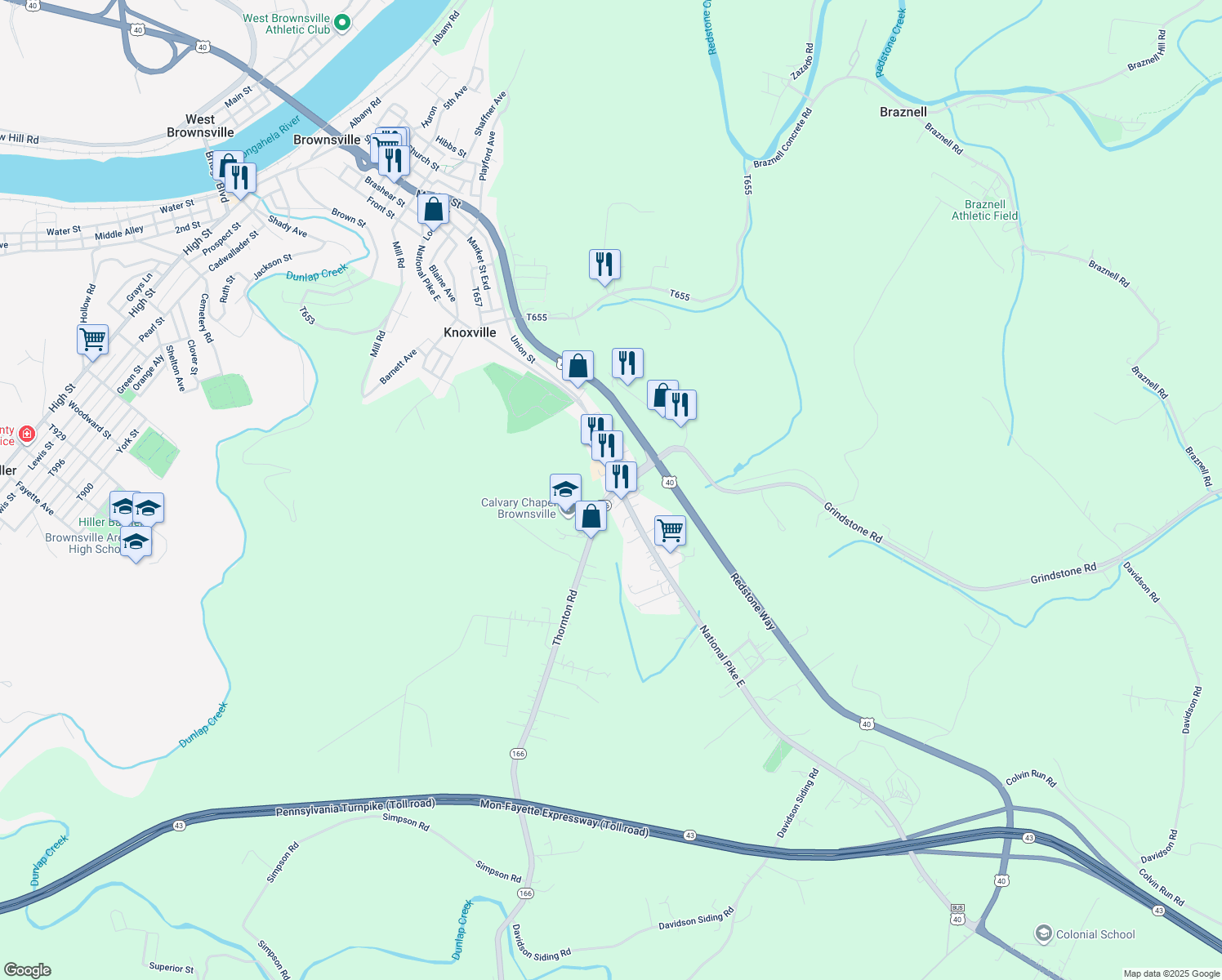 map of restaurants, bars, coffee shops, grocery stores, and more near 656 National Pike East in Brownsville