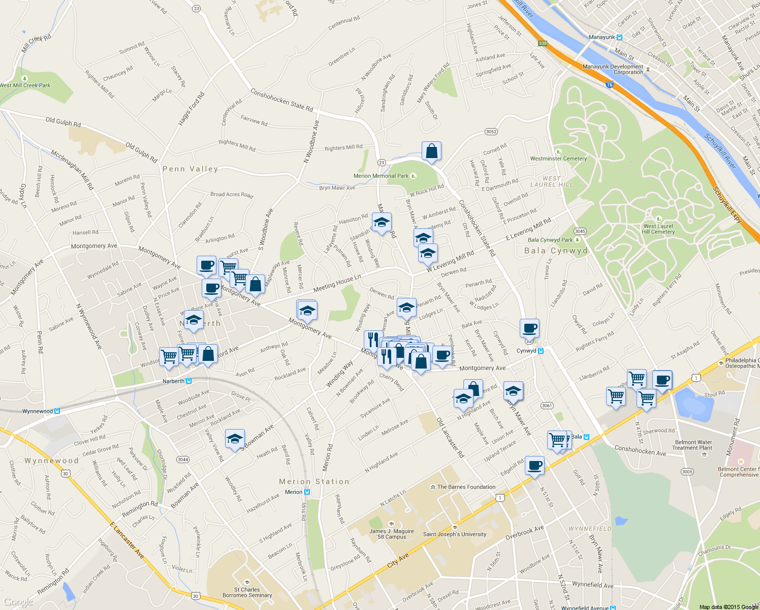 map of restaurants, bars, coffee shops, grocery stores, and more near 411 Haywood Road in Merion Station