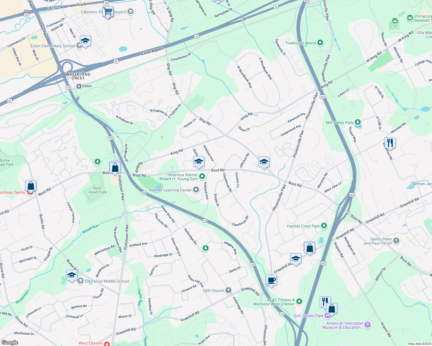 map of restaurants, bars, coffee shops, grocery stores, and more near 550 Boot Road in West Chester