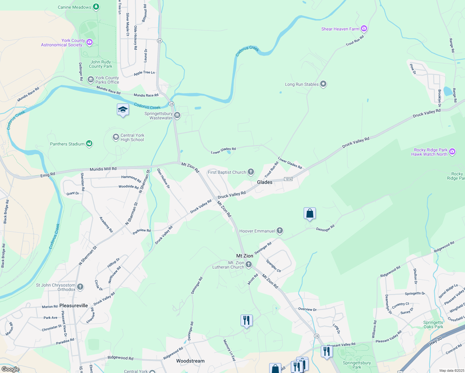 map of restaurants, bars, coffee shops, grocery stores, and more near 1781 Valley Vista Drive in York