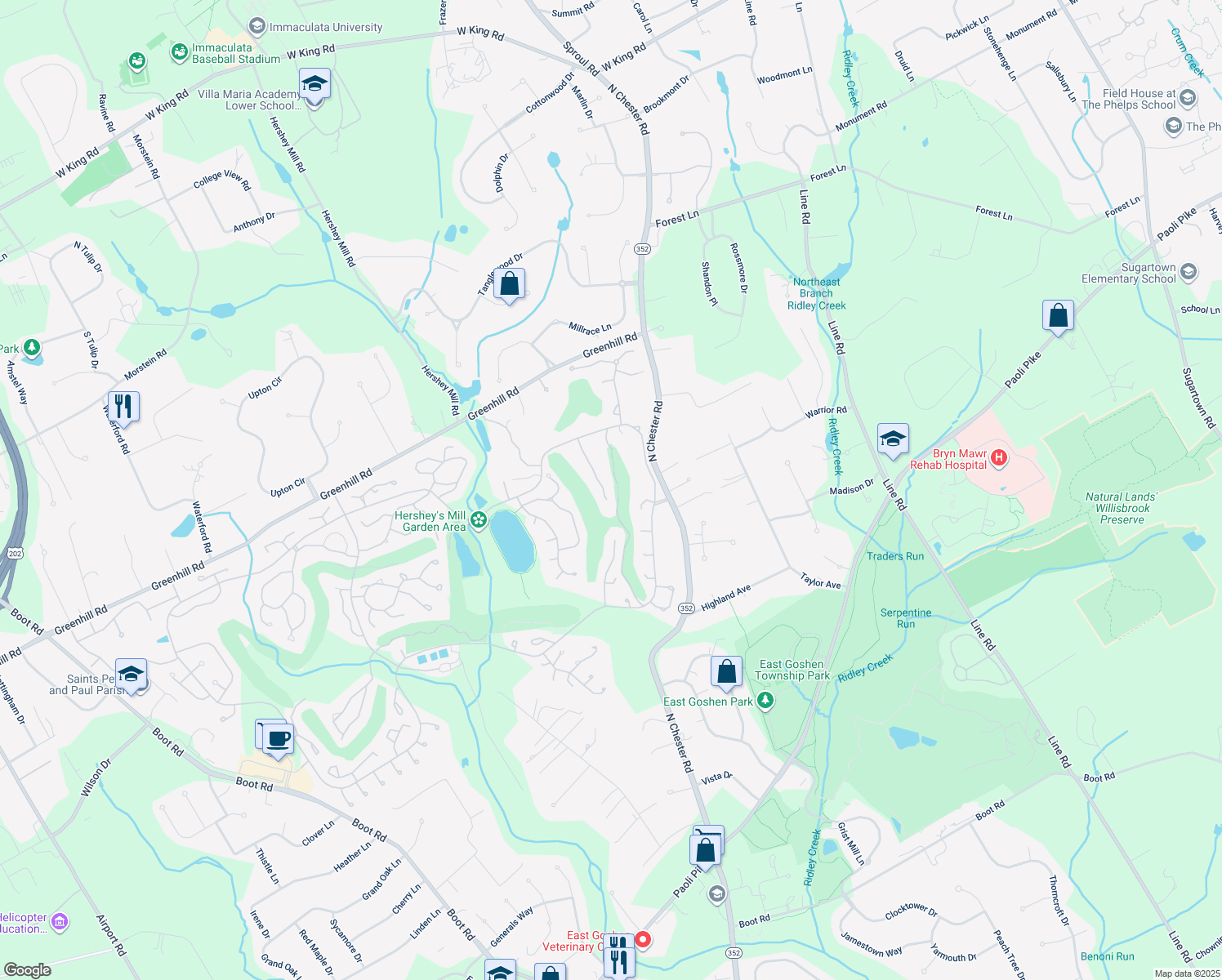 map of restaurants, bars, coffee shops, grocery stores, and more near 100 Ashton Way in West Chester