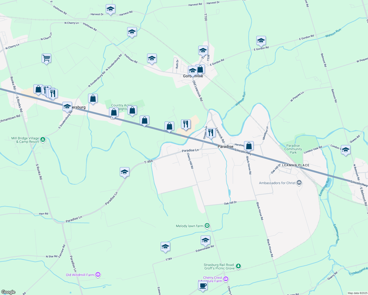 map of restaurants, bars, coffee shops, grocery stores, and more near 55 Paradise Ln in Paradise