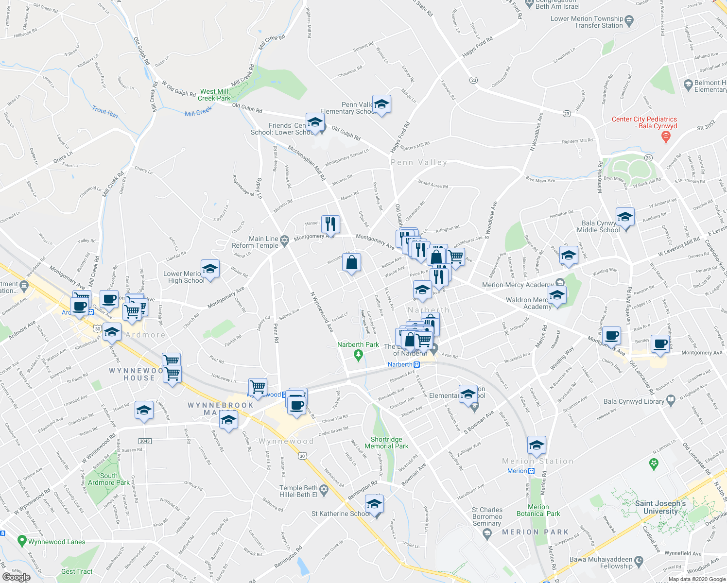 map of restaurants, bars, coffee shops, grocery stores, and more near 415 Conway Avenue in Narberth