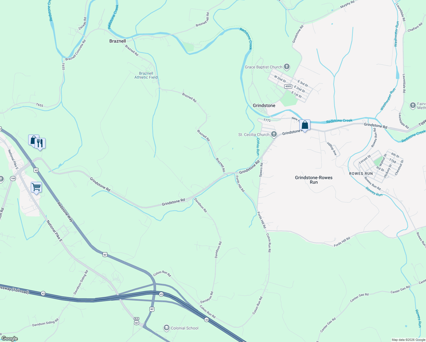 map of restaurants, bars, coffee shops, grocery stores, and more near 1443 Grindstone Road in Grindstone