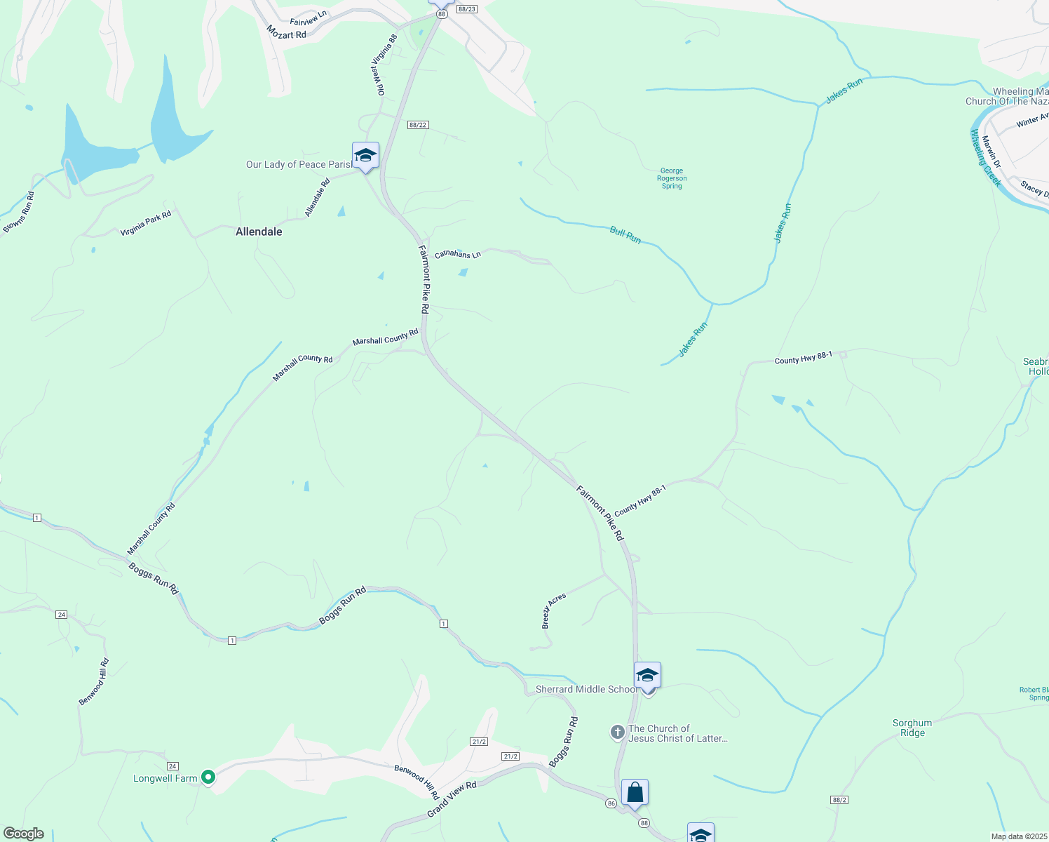 map of restaurants, bars, coffee shops, grocery stores, and more near 7 Mount View Drive in Wheeling