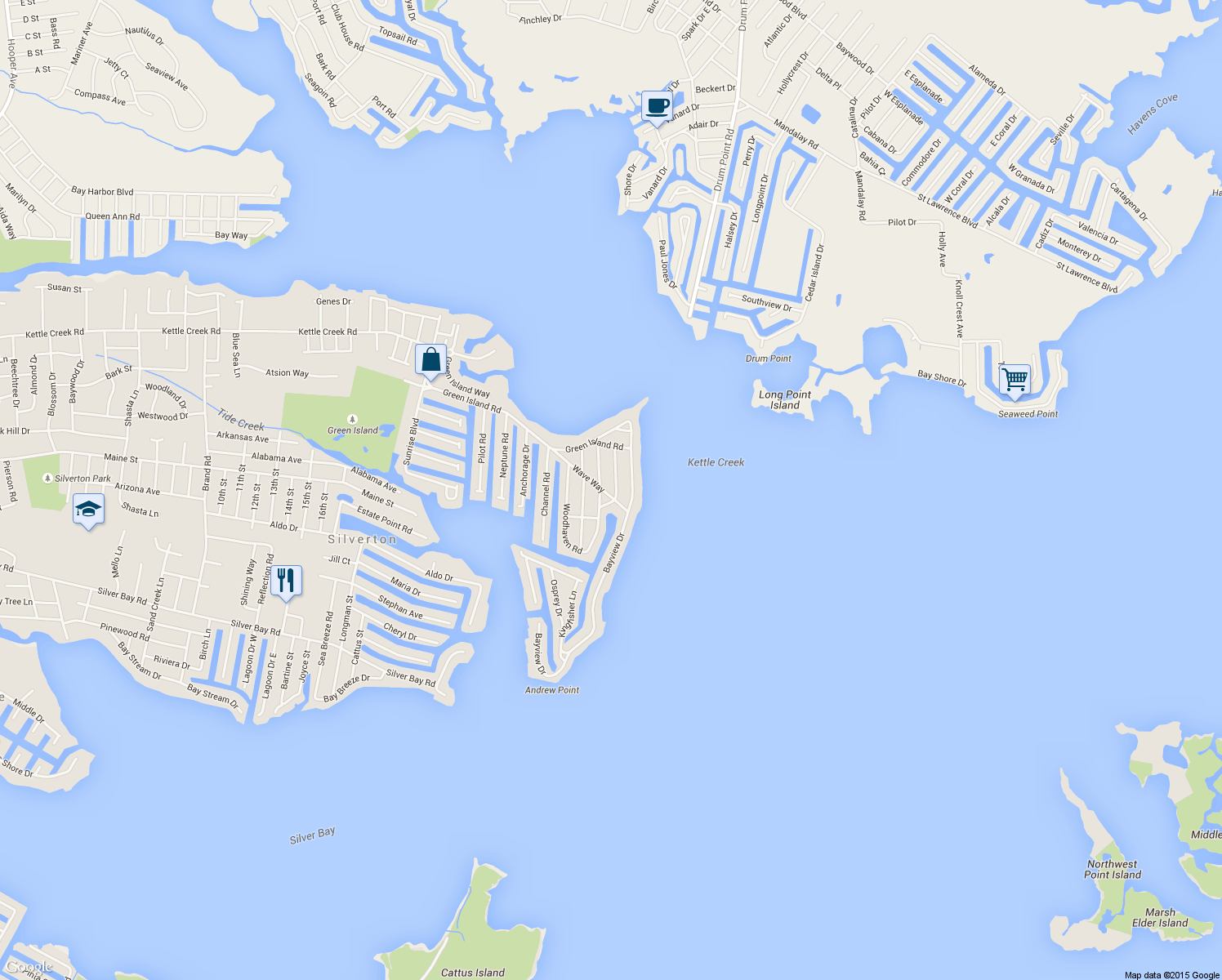 map of restaurants, bars, coffee shops, grocery stores, and more near 108 Wave Way in Toms River