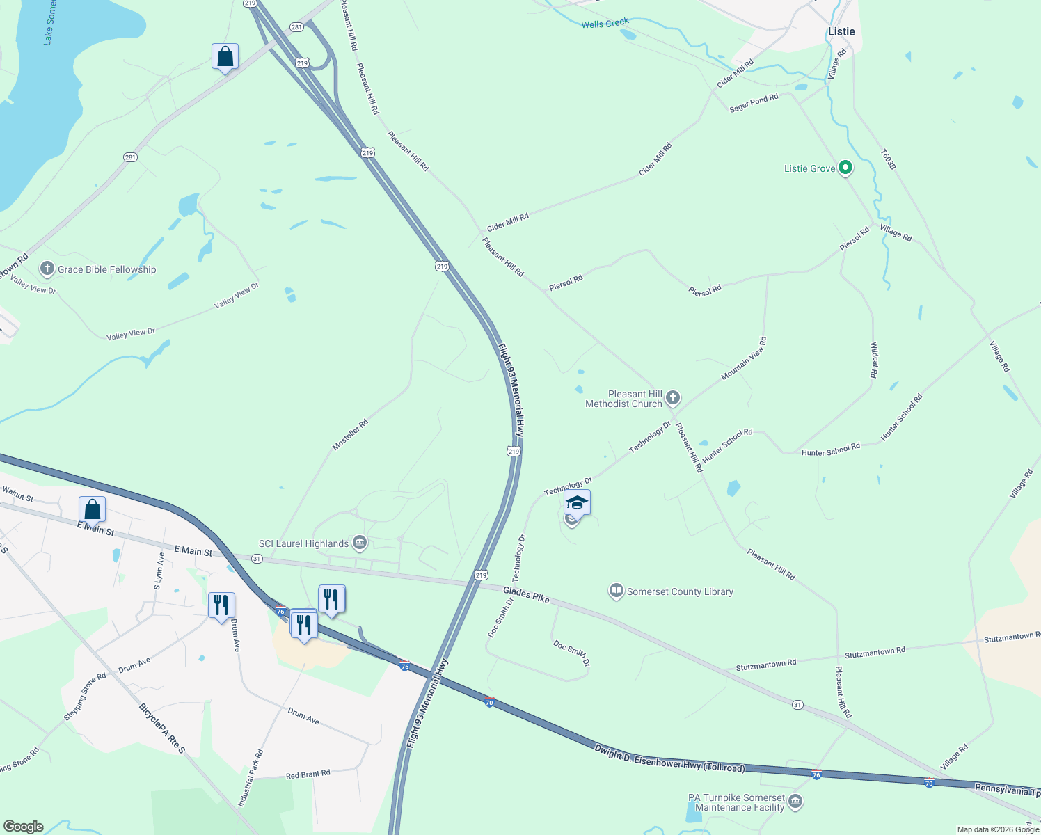 map of restaurants, bars, coffee shops, grocery stores, and more near Flight 93 Memorial Highway in Somerset County