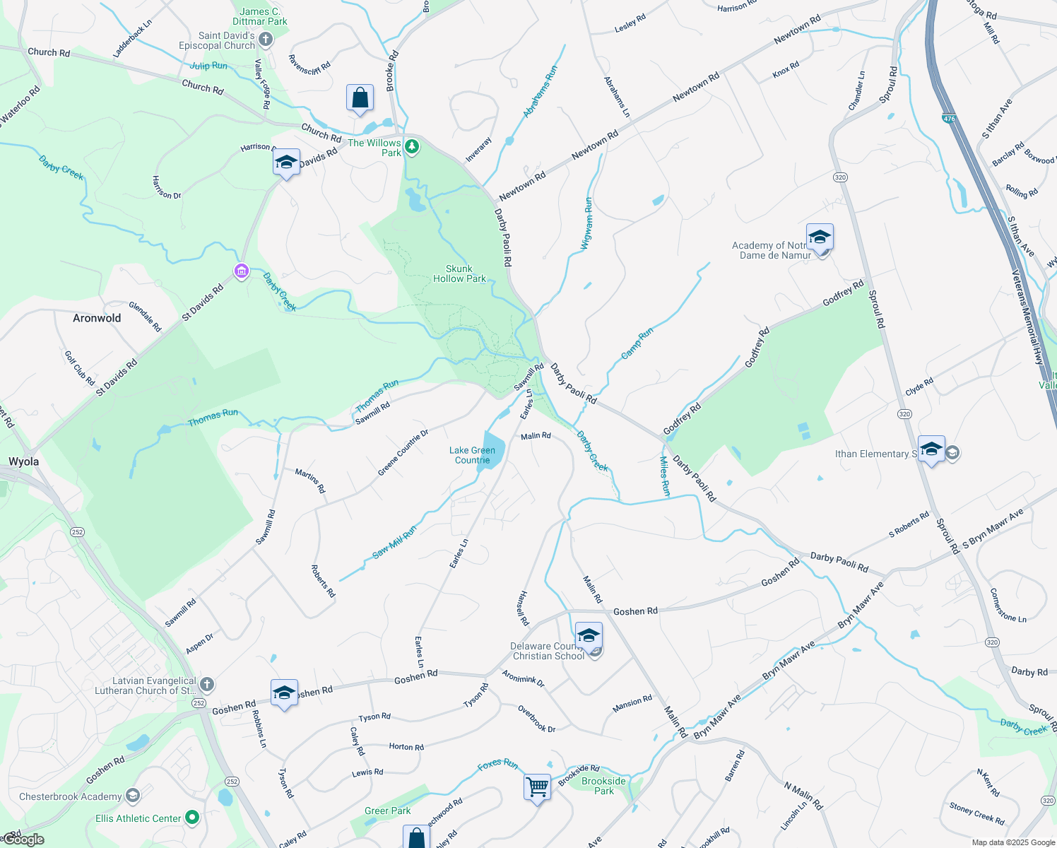 map of restaurants, bars, coffee shops, grocery stores, and more near 2 Earles Lane in Newtown Square