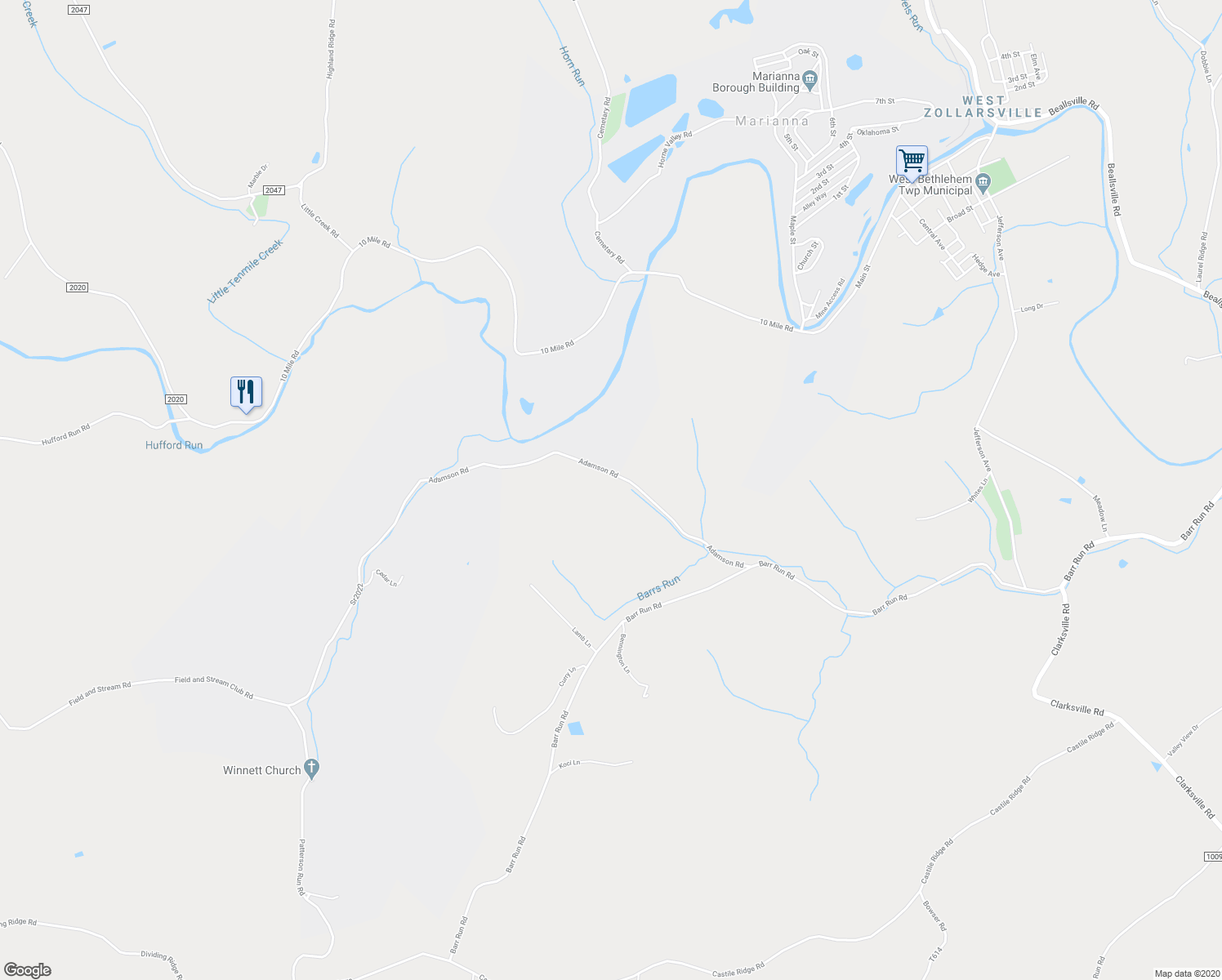 map of restaurants, bars, coffee shops, grocery stores, and more near 174 Adamson Road in Marianna