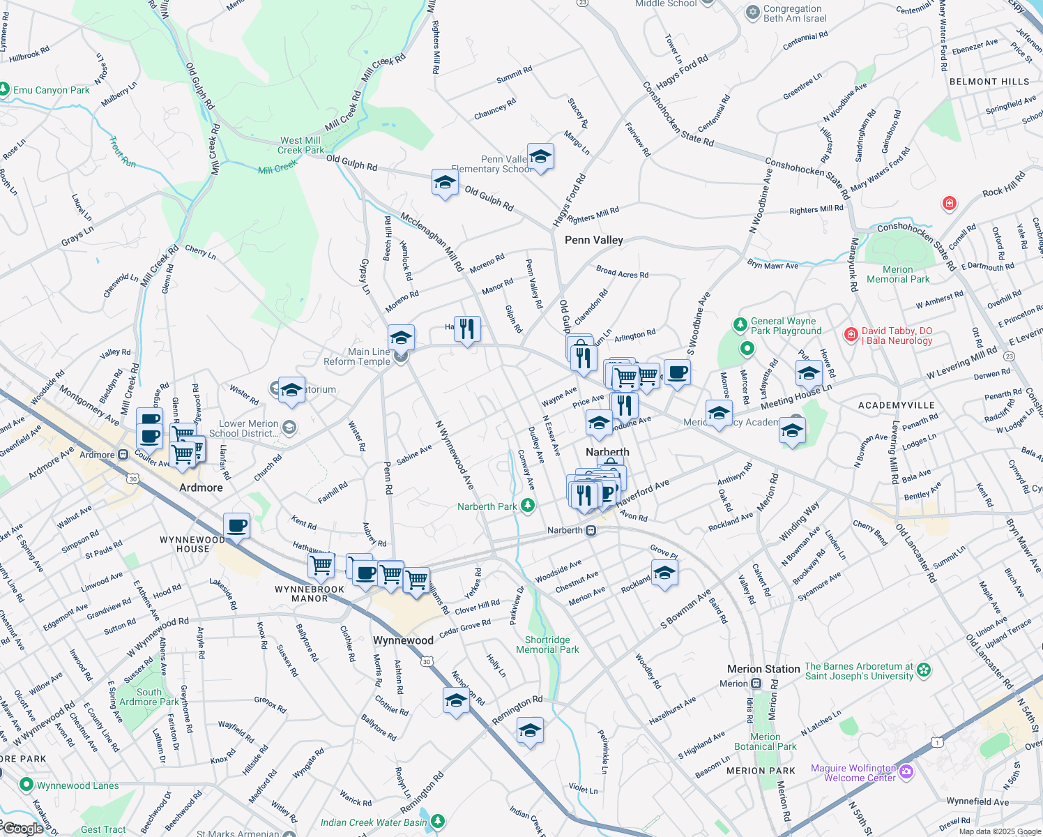 map of restaurants, bars, coffee shops, grocery stores, and more near 414 Dudley Avenue in Narberth