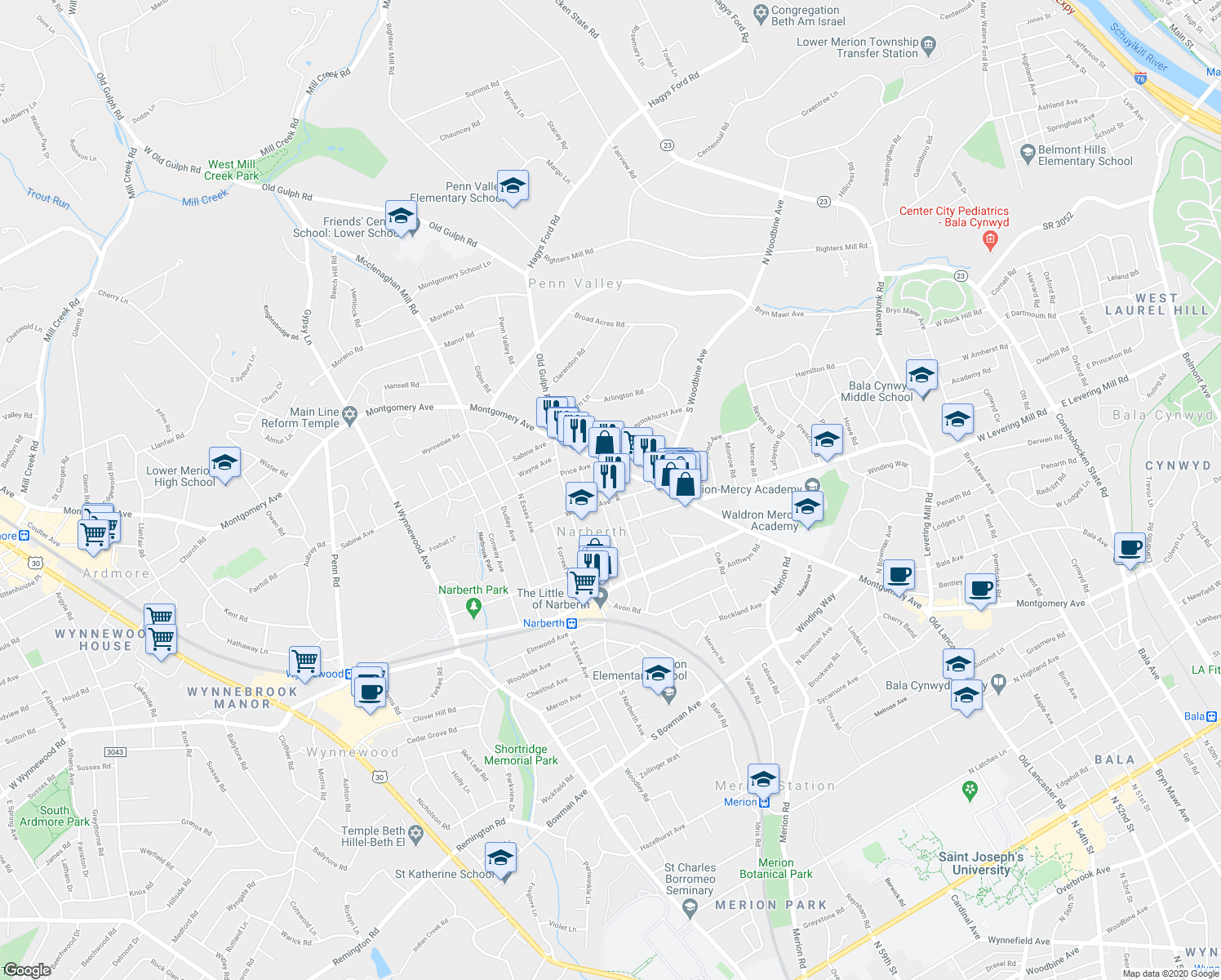map of restaurants, bars, coffee shops, grocery stores, and more near 310 Iona Avenue in Narberth
