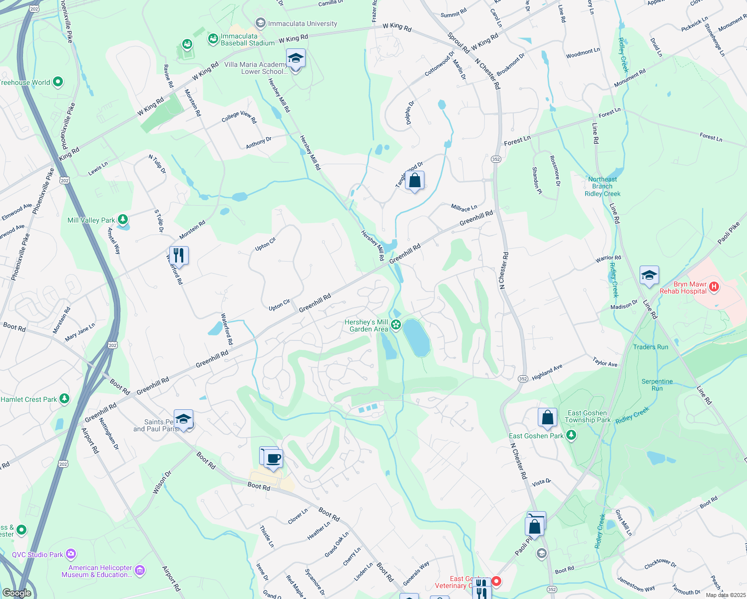 map of restaurants, bars, coffee shops, grocery stores, and more near 1238 Princeton Lane in West Chester