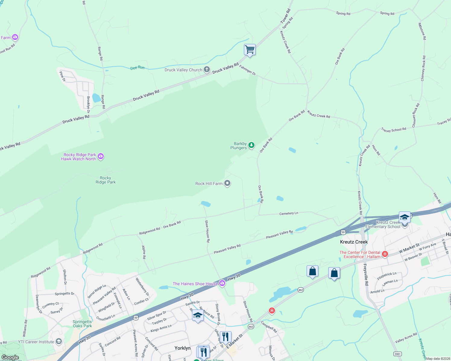 map of restaurants, bars, coffee shops, grocery stores, and more near 451 Rockhill Lane in York