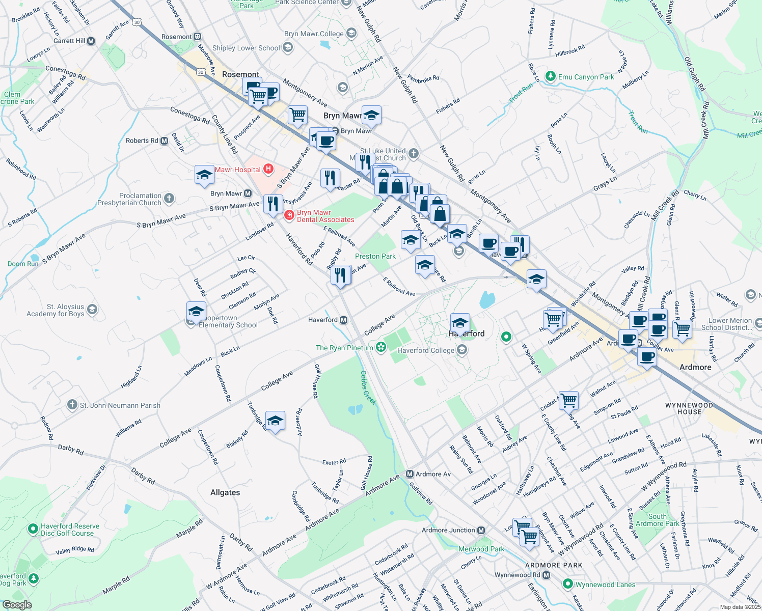 map of restaurants, bars, coffee shops, grocery stores, and more near 749 Millbrook Lane in Haverford