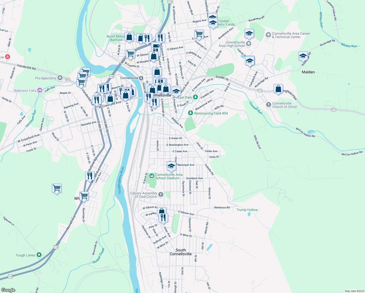 map of restaurants, bars, coffee shops, grocery stores, and more near 401 E Washington Ave in Connellsville