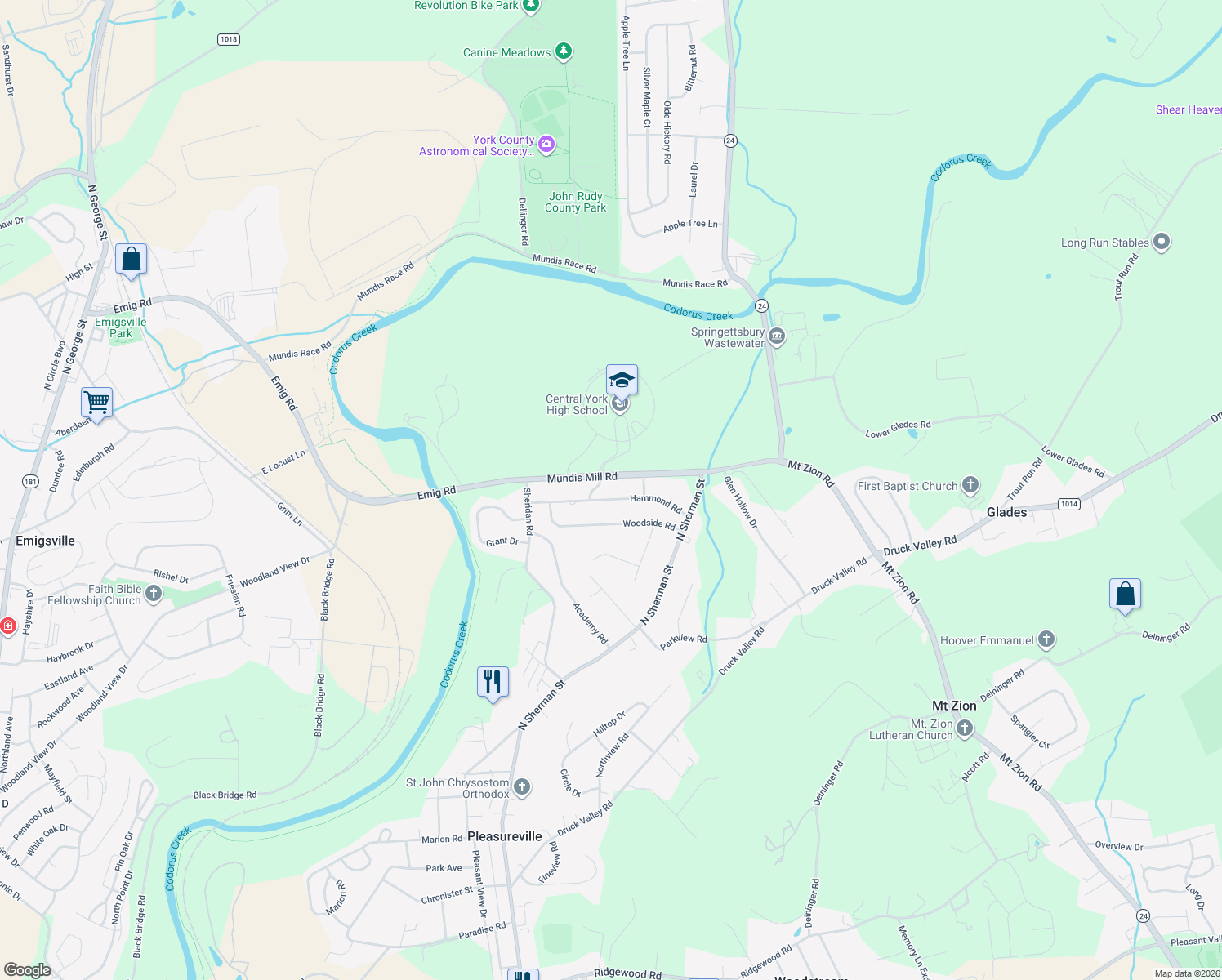 map of restaurants, bars, coffee shops, grocery stores, and more near 635 Hammond Rd in York