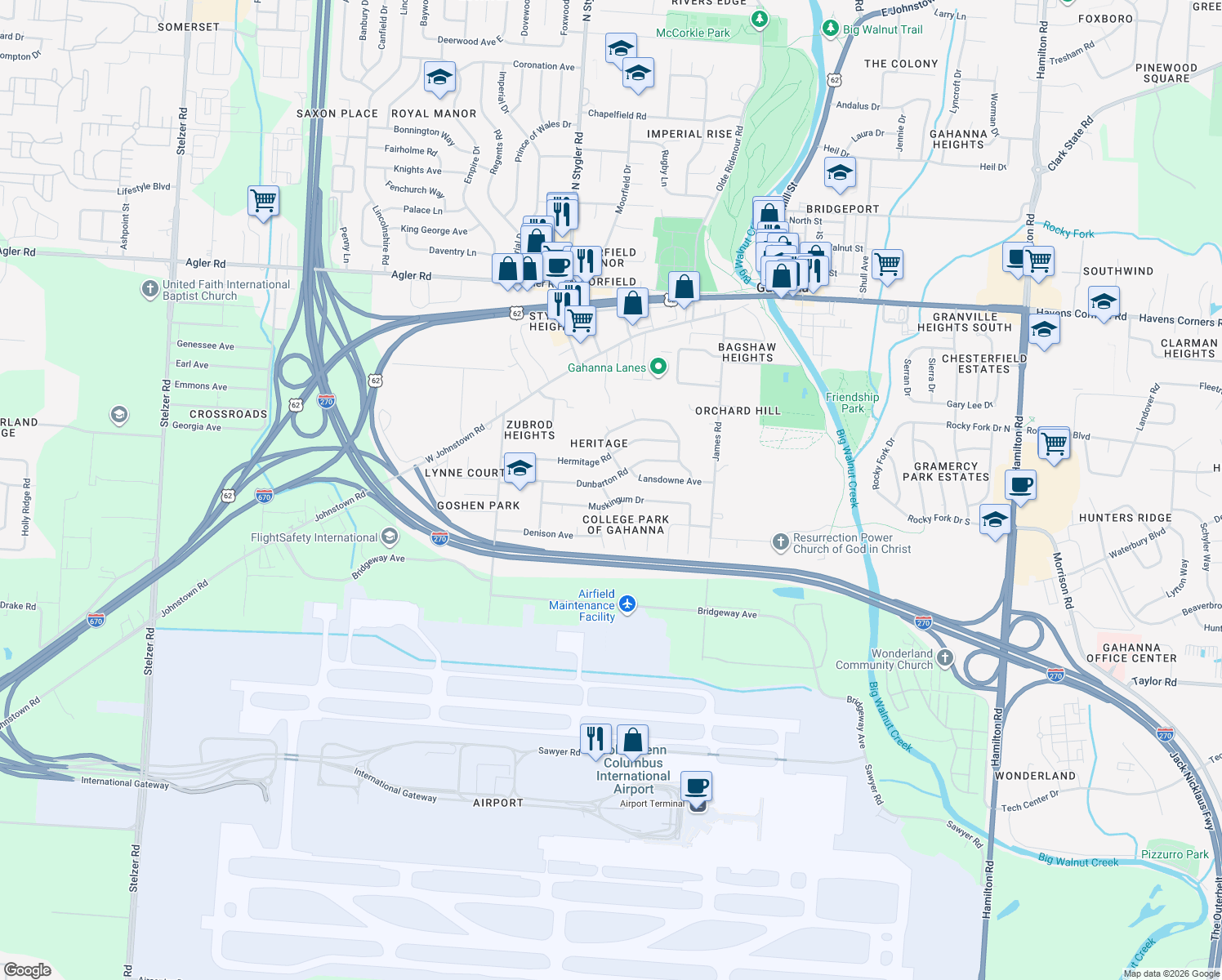 map of restaurants, bars, coffee shops, grocery stores, and more near 352 Albion Way in Gahanna