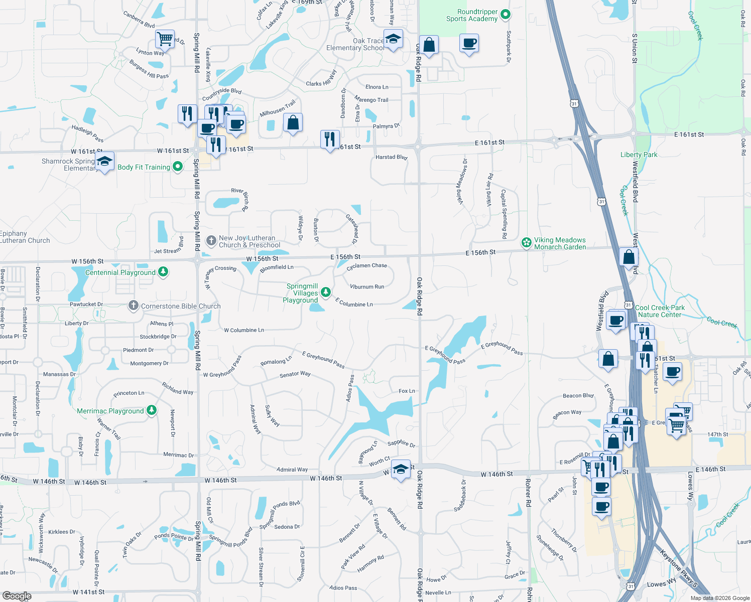 map of restaurants, bars, coffee shops, grocery stores, and more near 450 East Columbine Lane in Westfield